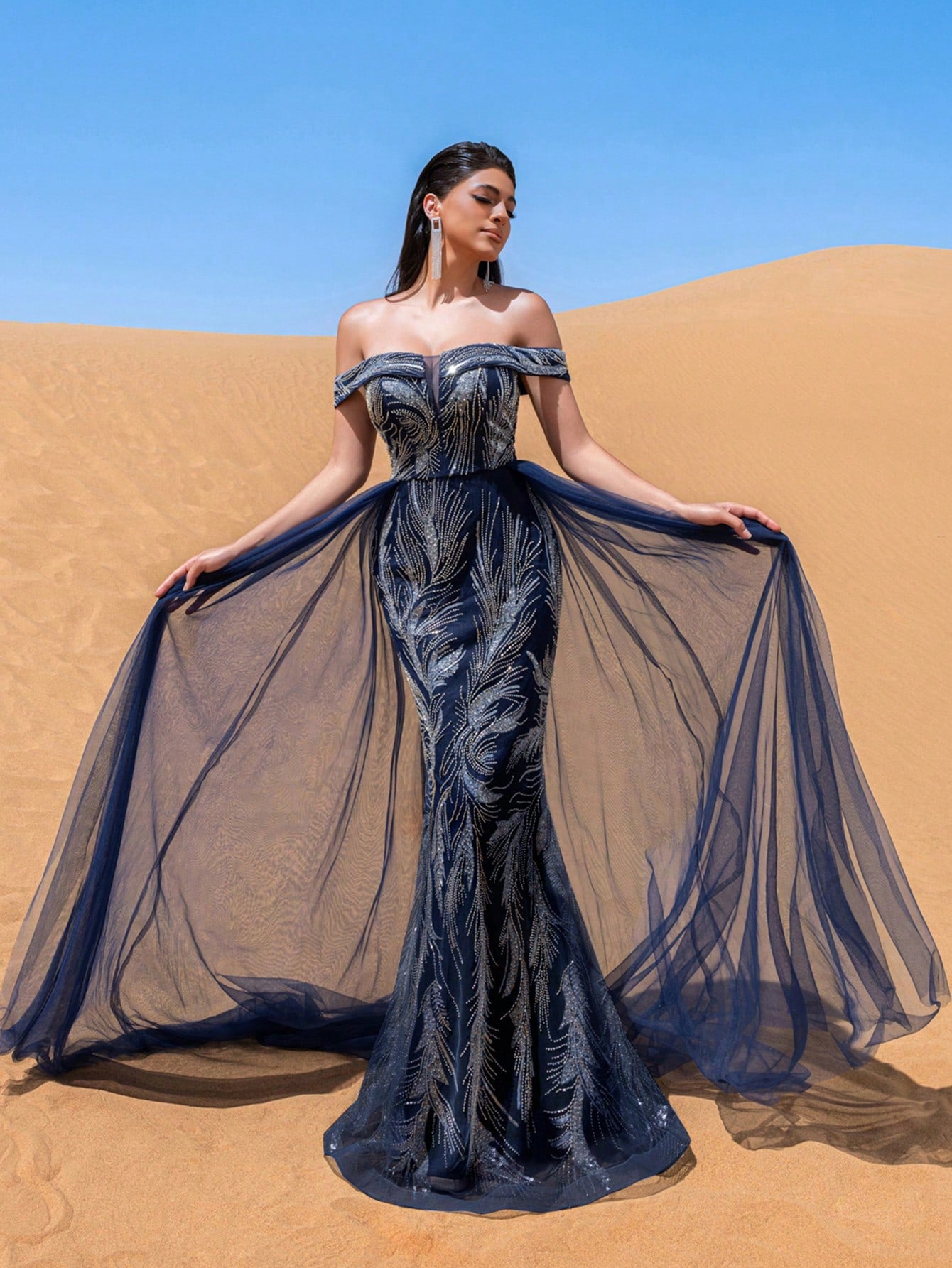 Gorgeous Off Shoulder Lace Up Back Mesh Train Beaded Formal Dresses & Evening Gowns