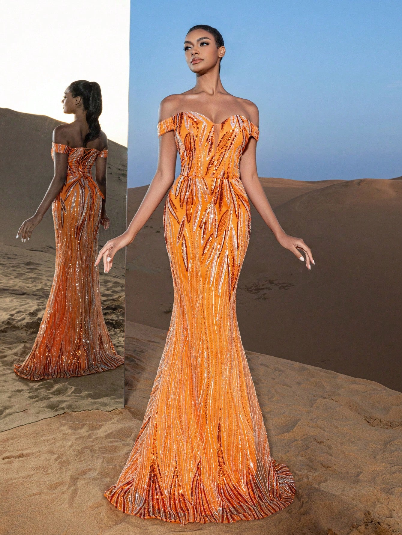 Gorgeous Off Shoulder Lace-up Back Graphic Sequin Beaded Formal Dresses & Evening Gowns