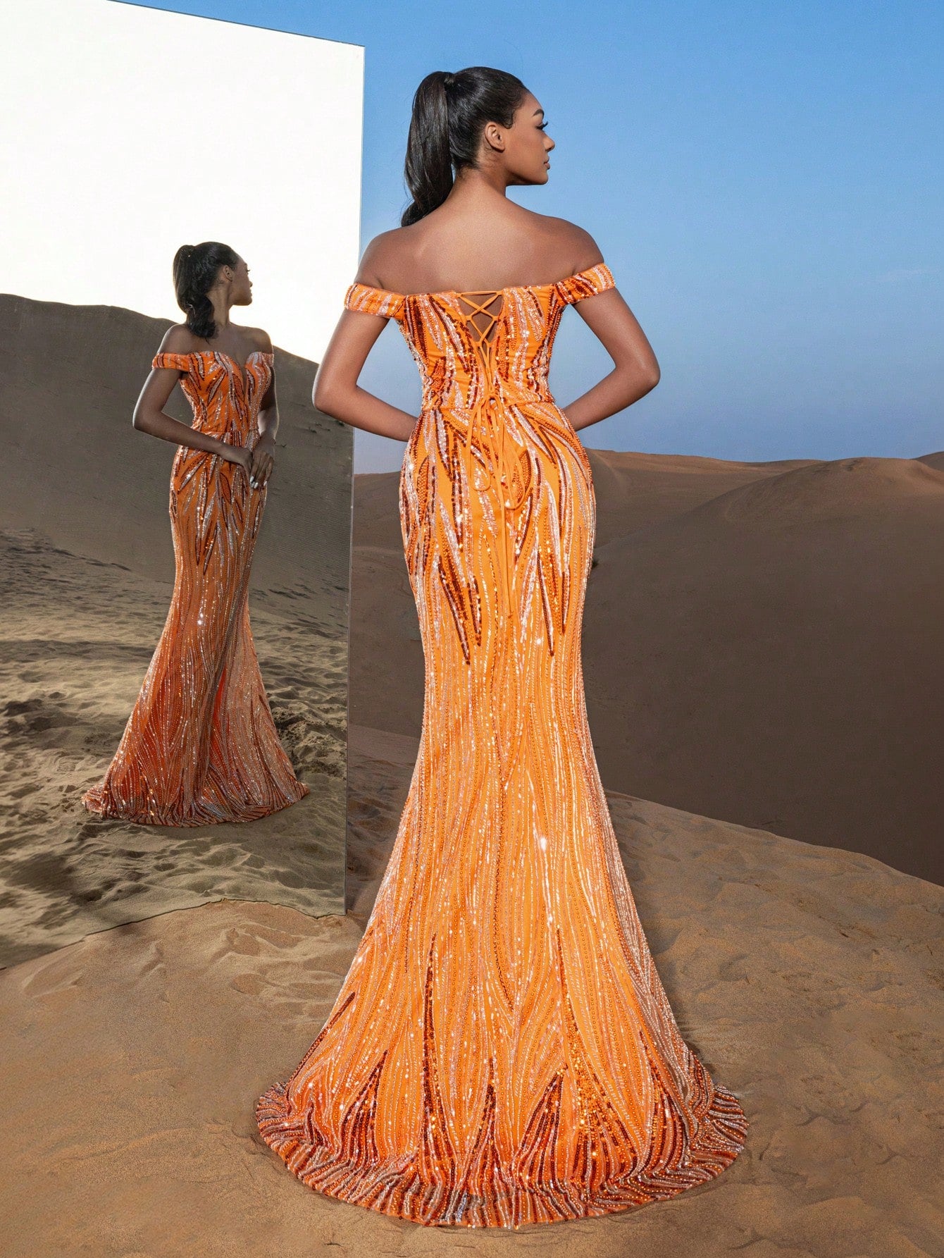 Gorgeous Off Shoulder Lace-up Back Graphic Sequin Beaded Formal Dresses & Evening Gowns