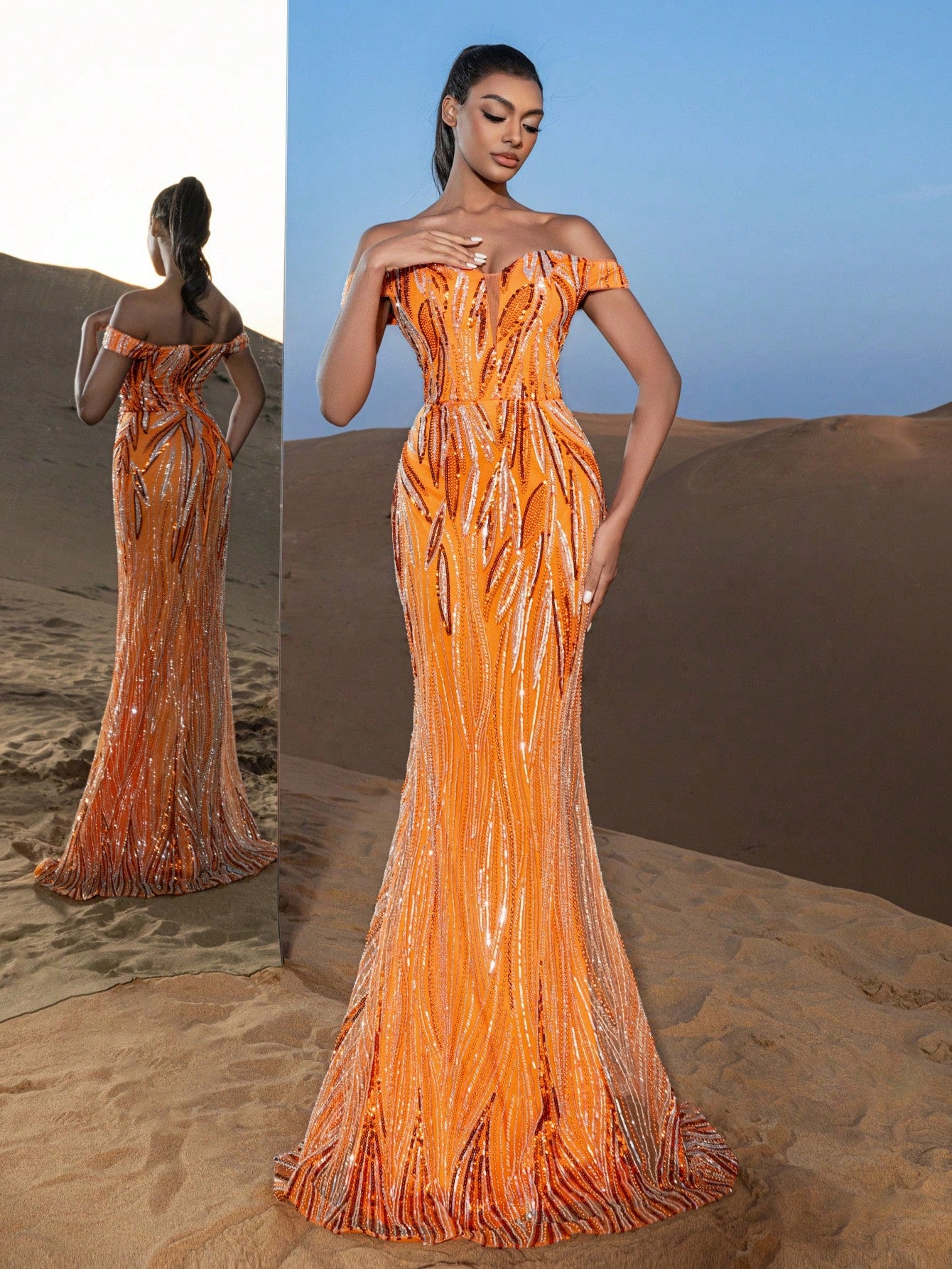 Gorgeous Off Shoulder Lace-up Back Graphic Sequin Beaded Formal Dresses & Evening Gowns