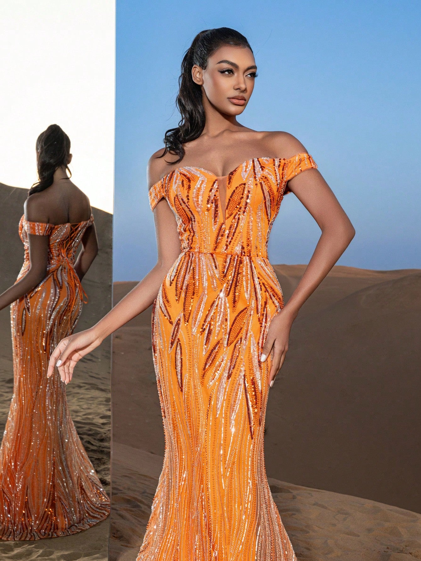 Gorgeous Off Shoulder Lace-up Back Graphic Sequin Beaded Formal Dresses & Evening Gowns
