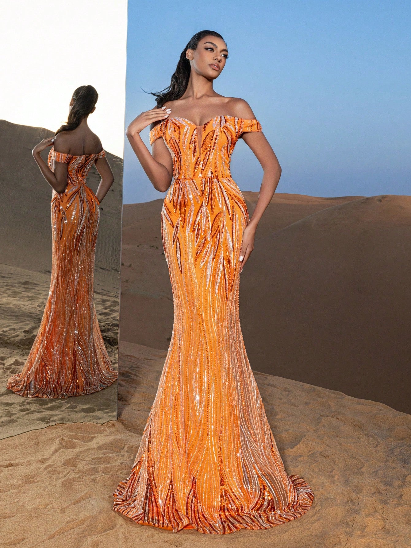 Gorgeous Off Shoulder Lace-up Back Graphic Sequin Beaded Formal Dresses & Evening Gowns