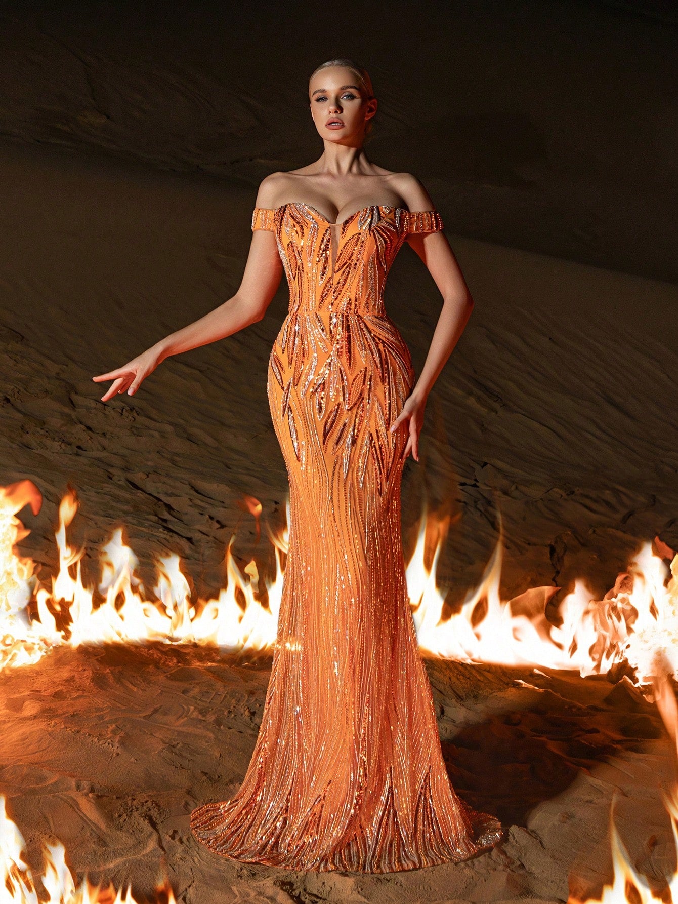 Gorgeous Off Shoulder Lace-up Back Graphic Sequin Beaded Formal Dresses & Evening Gowns