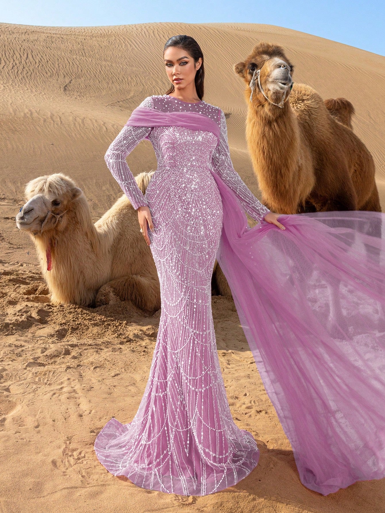 Luxury Tulle Overlay Mermaid Hem Beaded Detail Formal Evening Dress