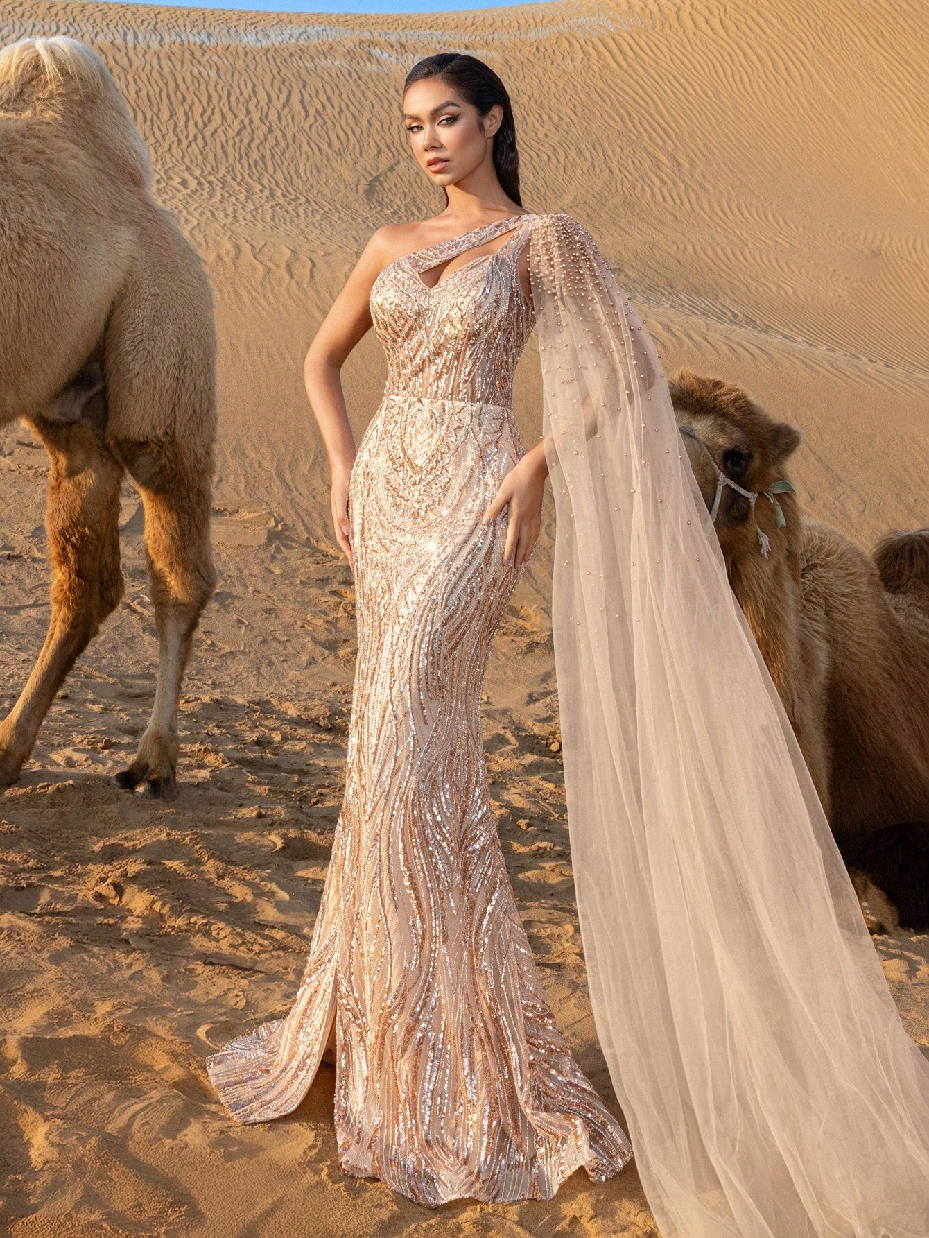 Luxury Pearl Embellished Sheer Overlay One Shoulder Mermaid Hem Beaded Formal Dresses & Evening Gowns