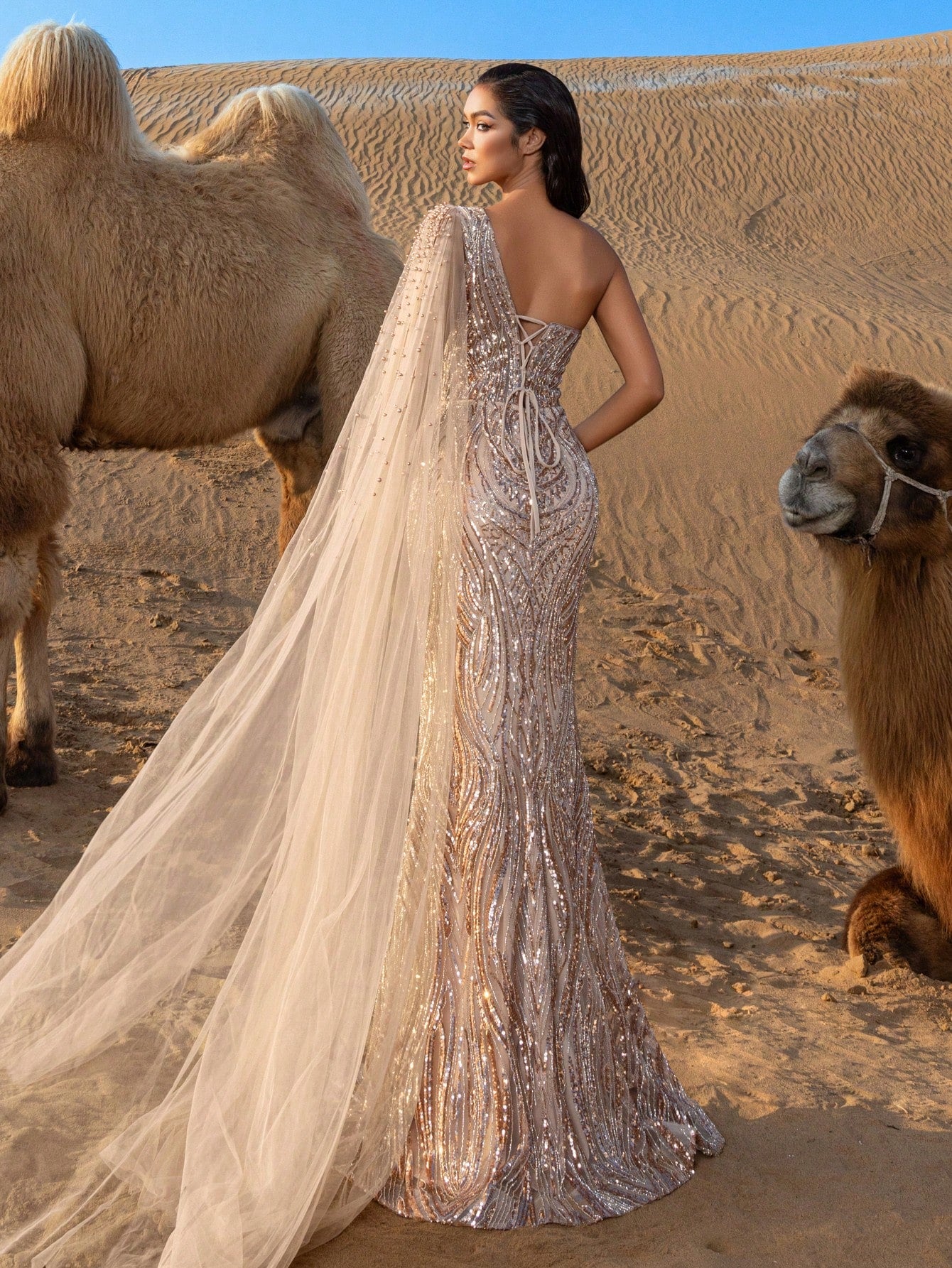 Luxury Pearl Embellished Sheer Overlay One Shoulder Mermaid Hem Beaded Formal Dresses & Evening Gowns