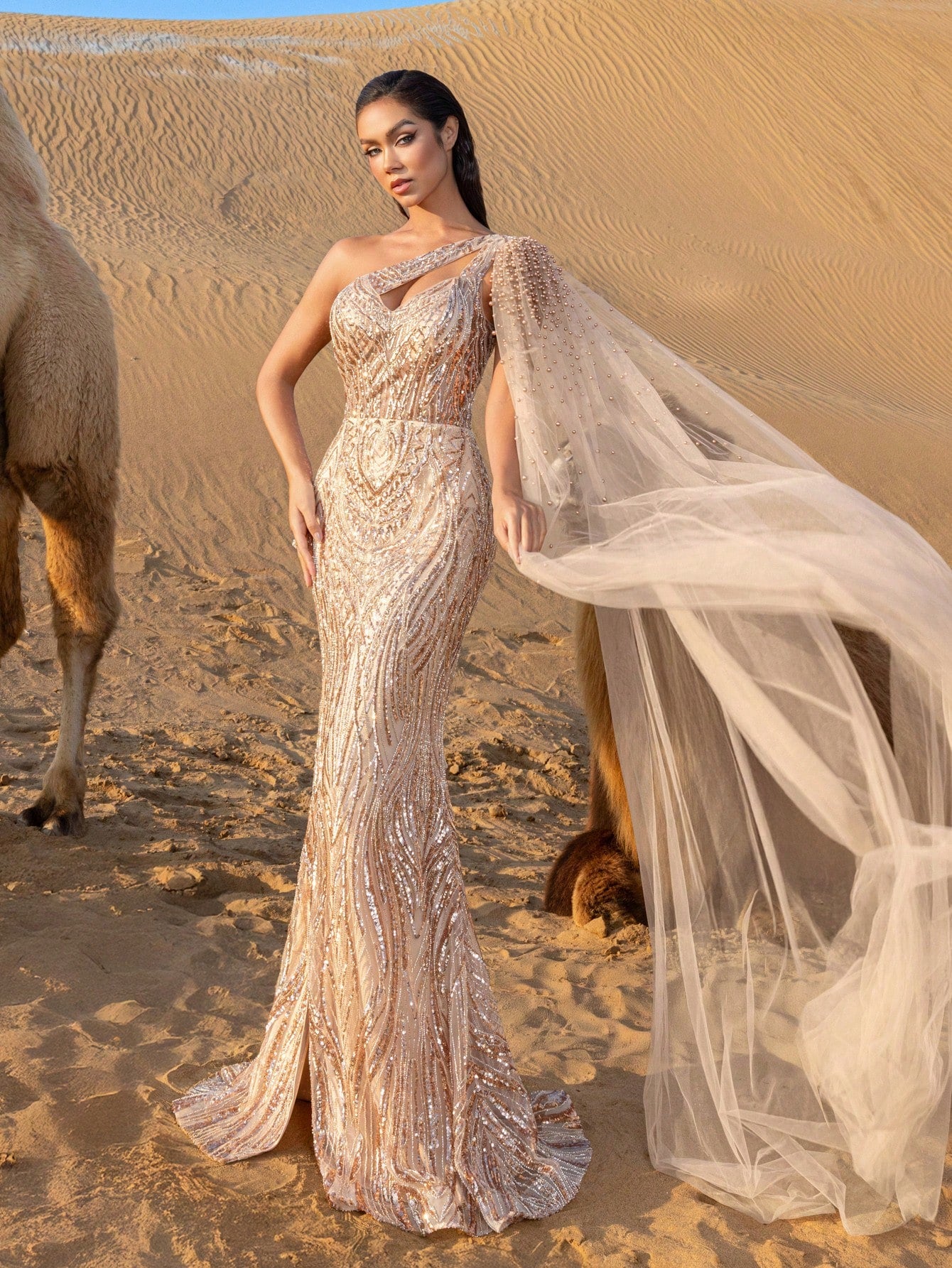 Luxury Pearl Embellished Sheer Overlay One Shoulder Mermaid Hem Beaded Formal Dresses & Evening Gowns