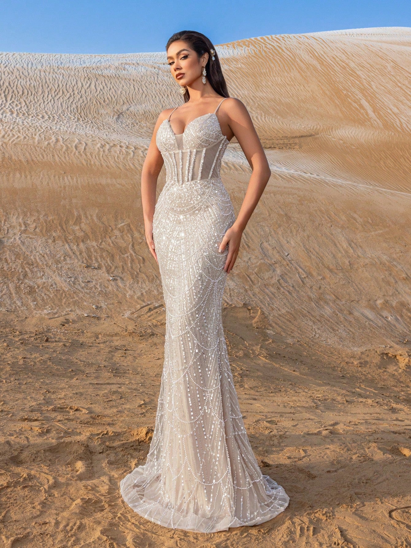 Spaghetti Straps Beaded Sequin Mermaid Evening Gown Elegant Formal Dress for Spring Summer Fall