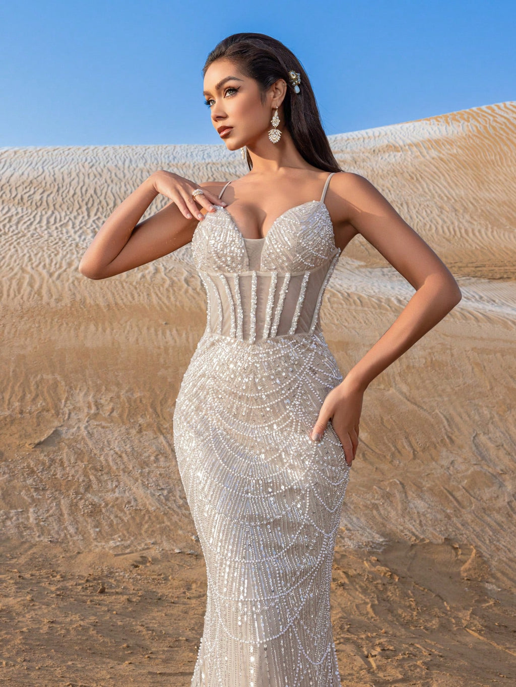 Spaghetti Straps Beaded Sequin Mermaid Evening Gown Elegant Formal Dress for Spring Summer Fall