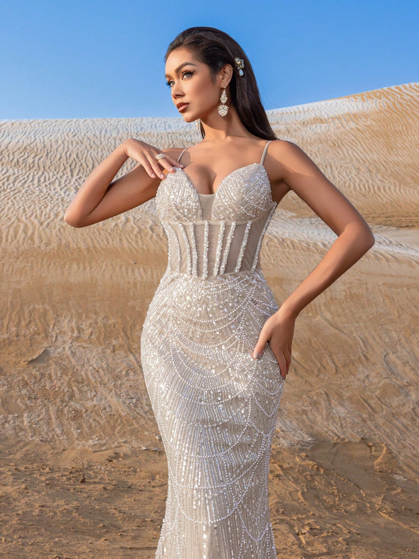 Spaghetti Straps Beaded Sequin Mermaid Evening Gown Elegant Formal Dress for Spring Summer Fall