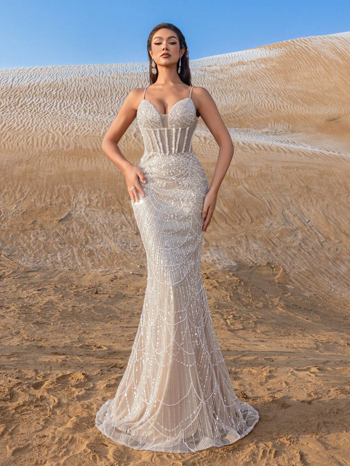 Spaghetti Straps Beaded Sequin Mermaid Evening Gown Elegant Formal Dress for Spring Summer Fall