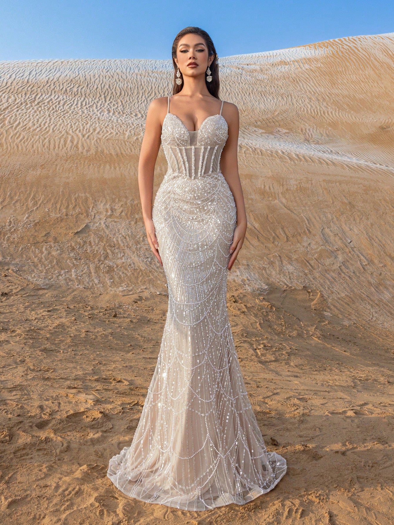 Spaghetti Straps Beaded Sequin Mermaid Evening Gown Elegant Formal Dress for Spring Summer Fall