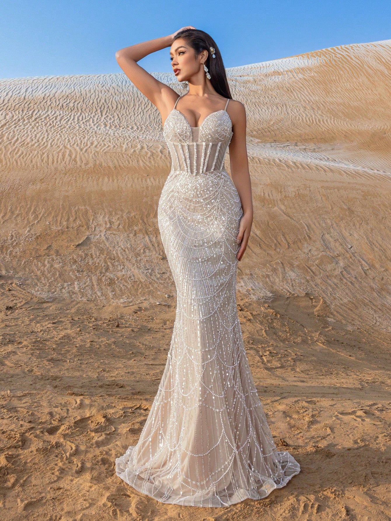 Spaghetti Straps Beaded Sequin Mermaid Evening Gown Elegant Formal Dress for Spring Summer Fall