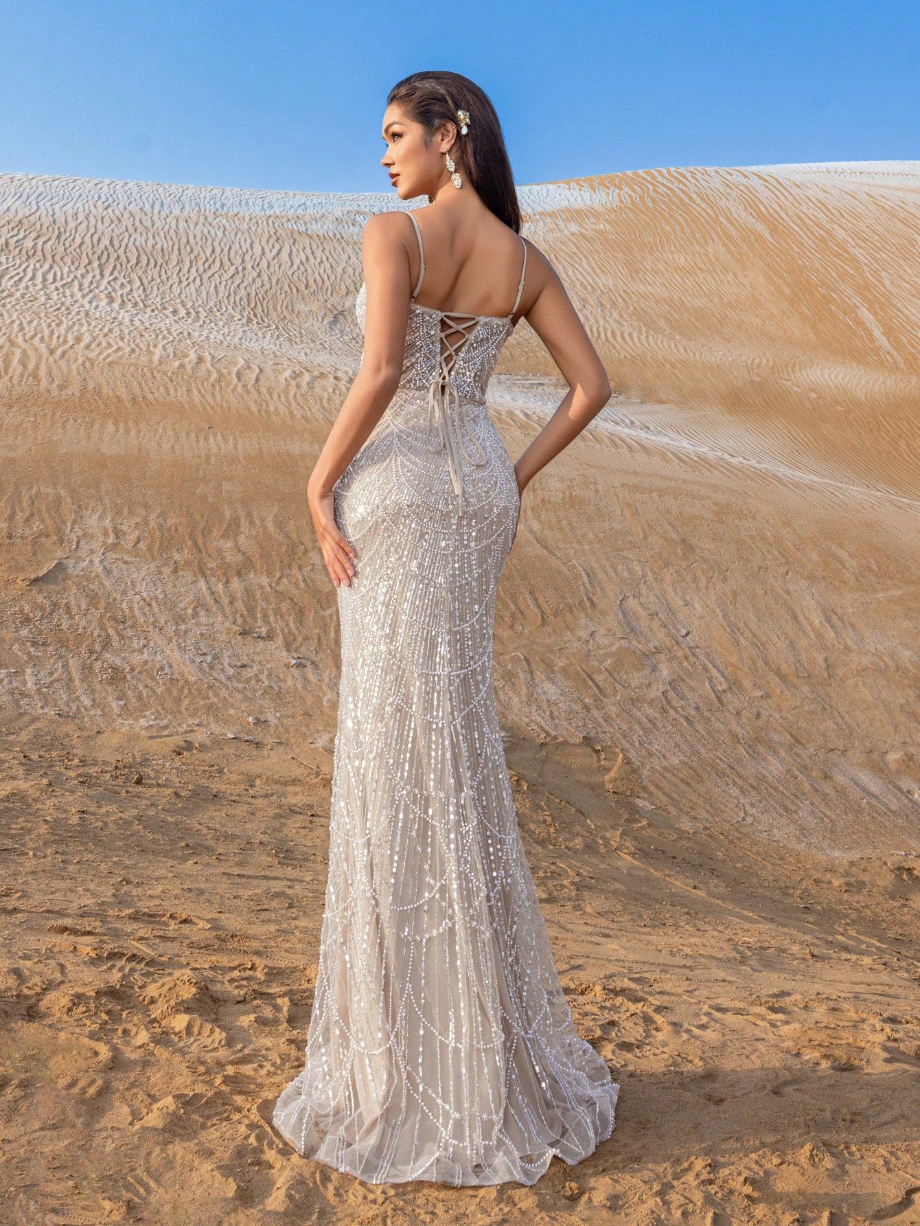 Spaghetti Straps Beaded Sequin Mermaid Evening Gown Elegant Formal Dress for Spring Summer Fall