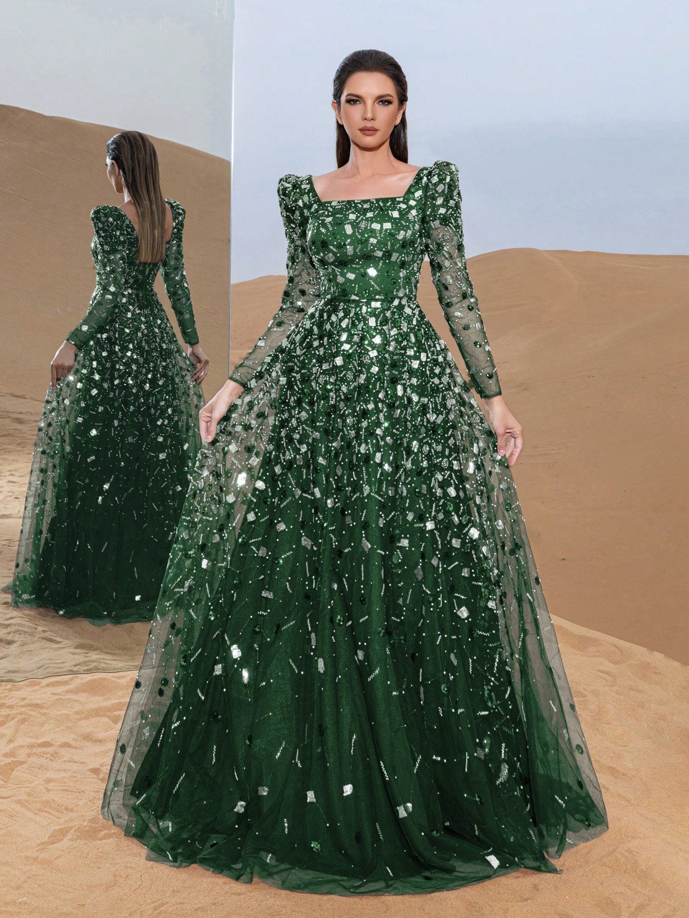 Gorgeous Beaded Sequin Evening Gown with Long Sleeves & Fitted Bodice