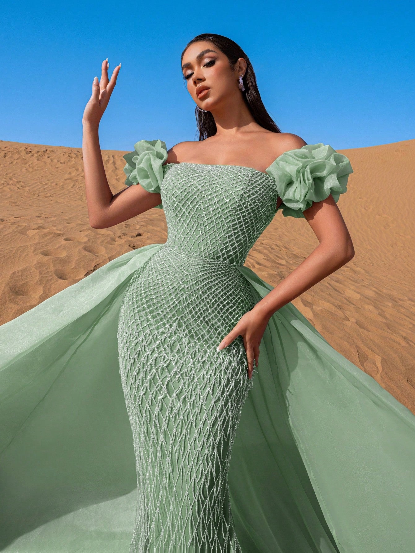 Gorgeous Off-Shoulder Beaded Evening Gown with Puffy Petal Sleeves
