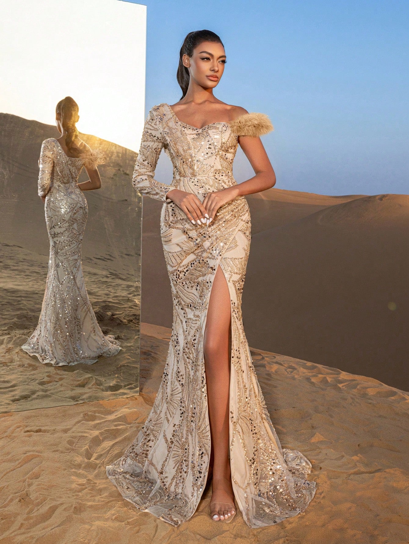 Gorgeous One Shoulder Split Mermaid Hem Beaded Formal Dresses & Evening Gowns