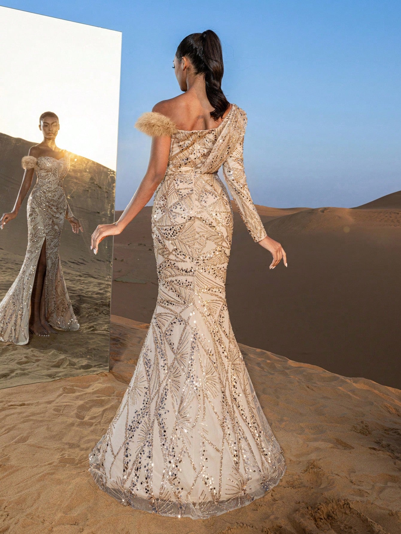 Gorgeous One Shoulder Split Mermaid Hem Beaded Formal Dresses & Evening Gowns