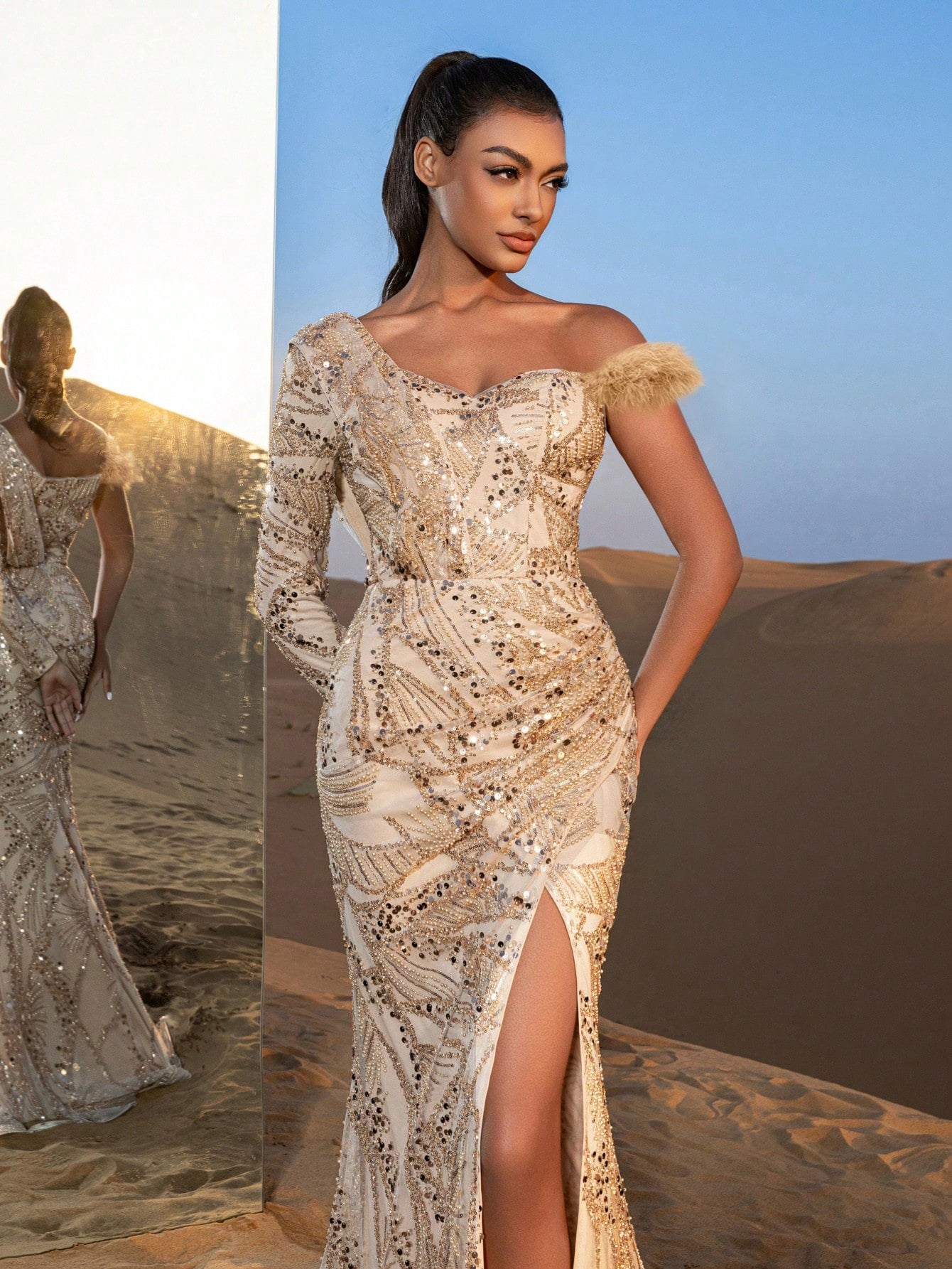 Gorgeous One Shoulder Split Mermaid Hem Beaded Formal Dresses & Evening Gowns