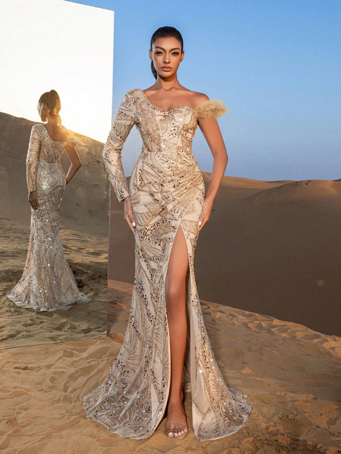 Gorgeous One Shoulder Split Mermaid Hem Beaded Formal Dresses & Evening Gowns