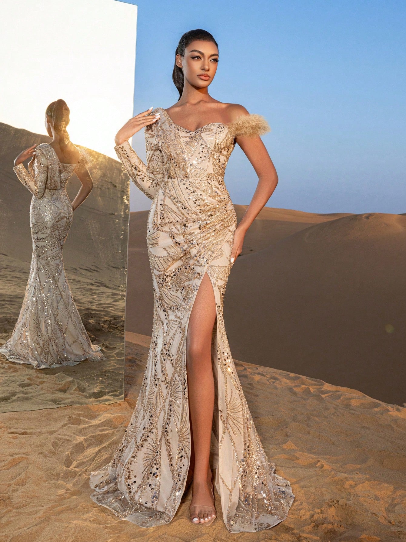 Gorgeous One Shoulder Split Mermaid Hem Beaded Formal Dresses & Evening Gowns