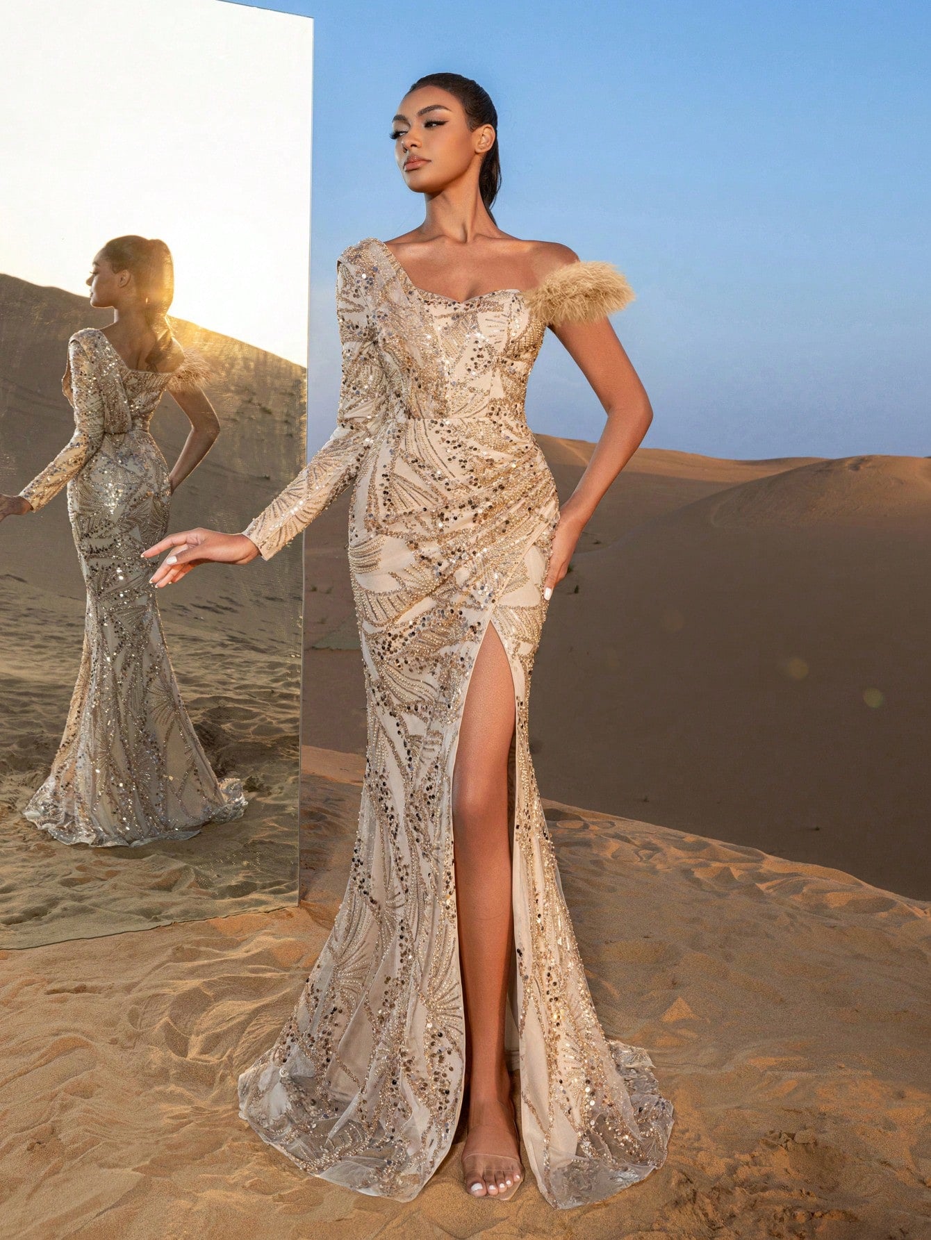 Gorgeous One Shoulder Split Mermaid Hem Beaded Formal Dresses & Evening Gowns