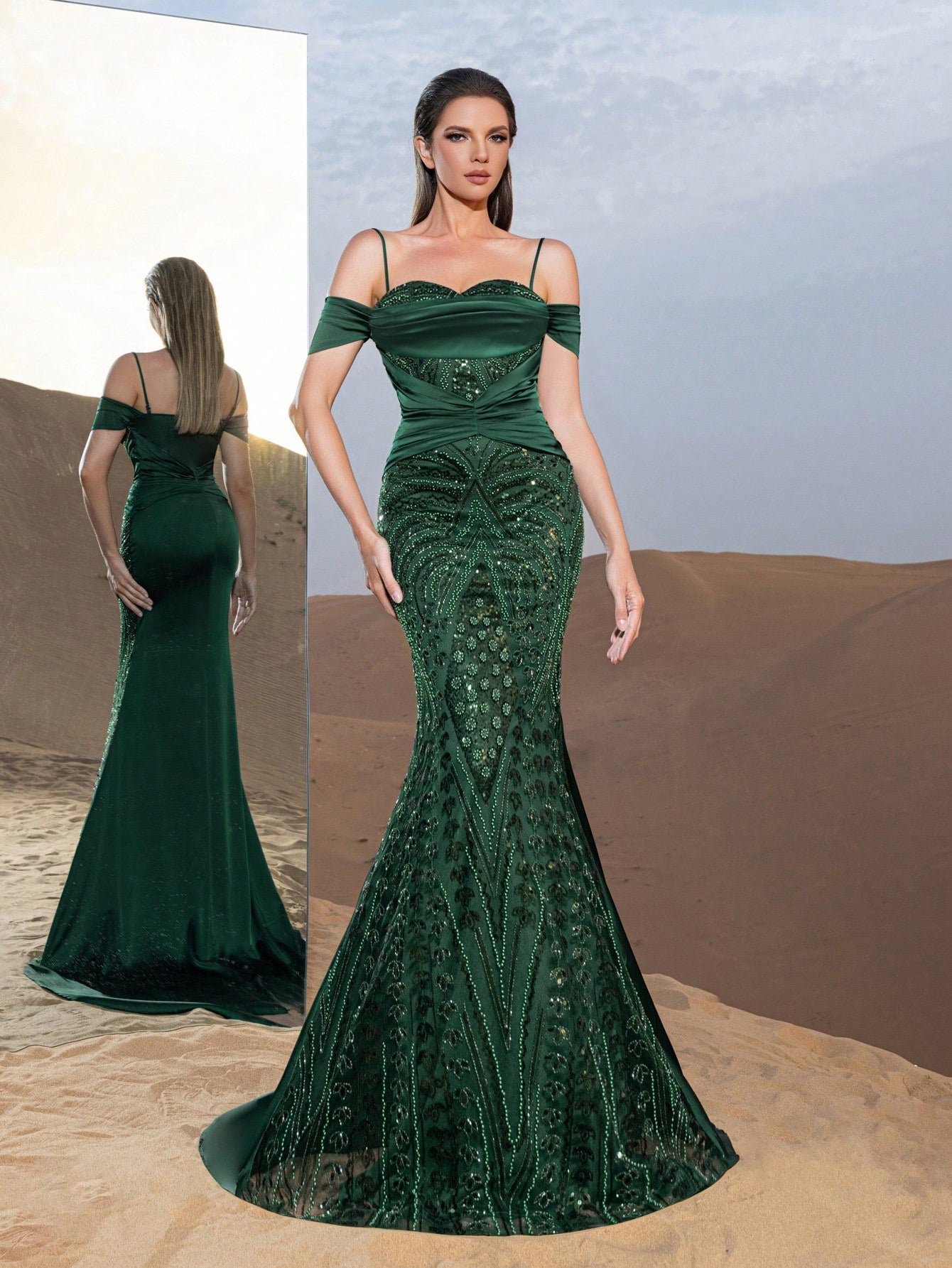 Gorgeous Cold Shoulder Mermaid Hem Graphic Sequin Formal Dresses & Beaded Evening Gowns