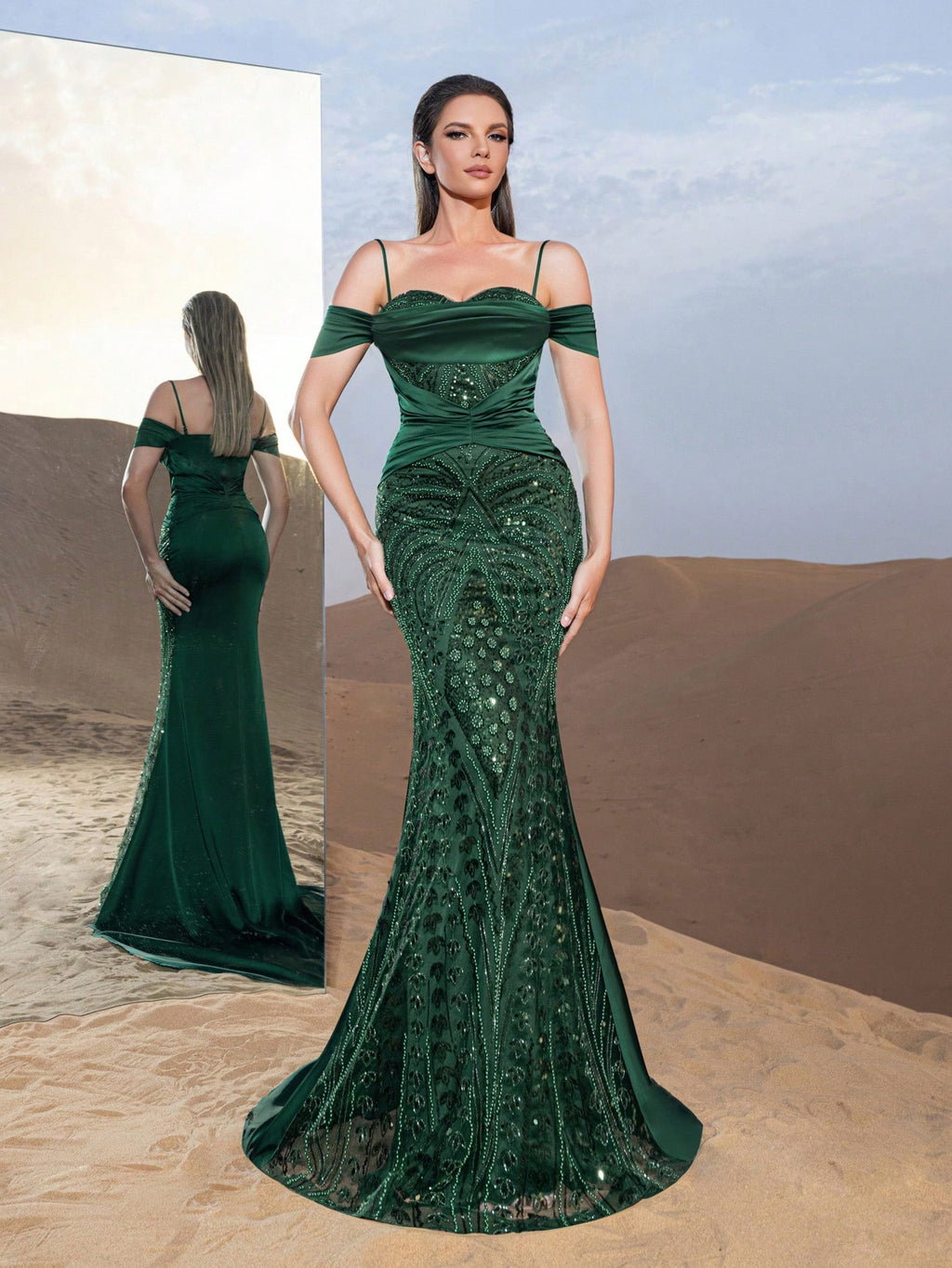 Gorgeous Cold Shoulder Mermaid Hem Graphic Sequin Formal Dresses & Beaded Evening Gowns