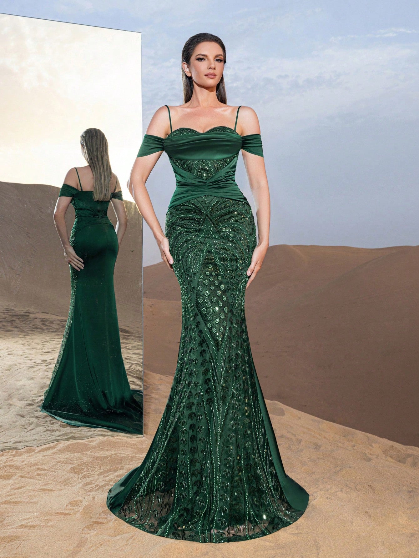 Gorgeous Cold Shoulder Mermaid Hem Graphic Sequin Formal Dresses & Beaded Evening Gowns