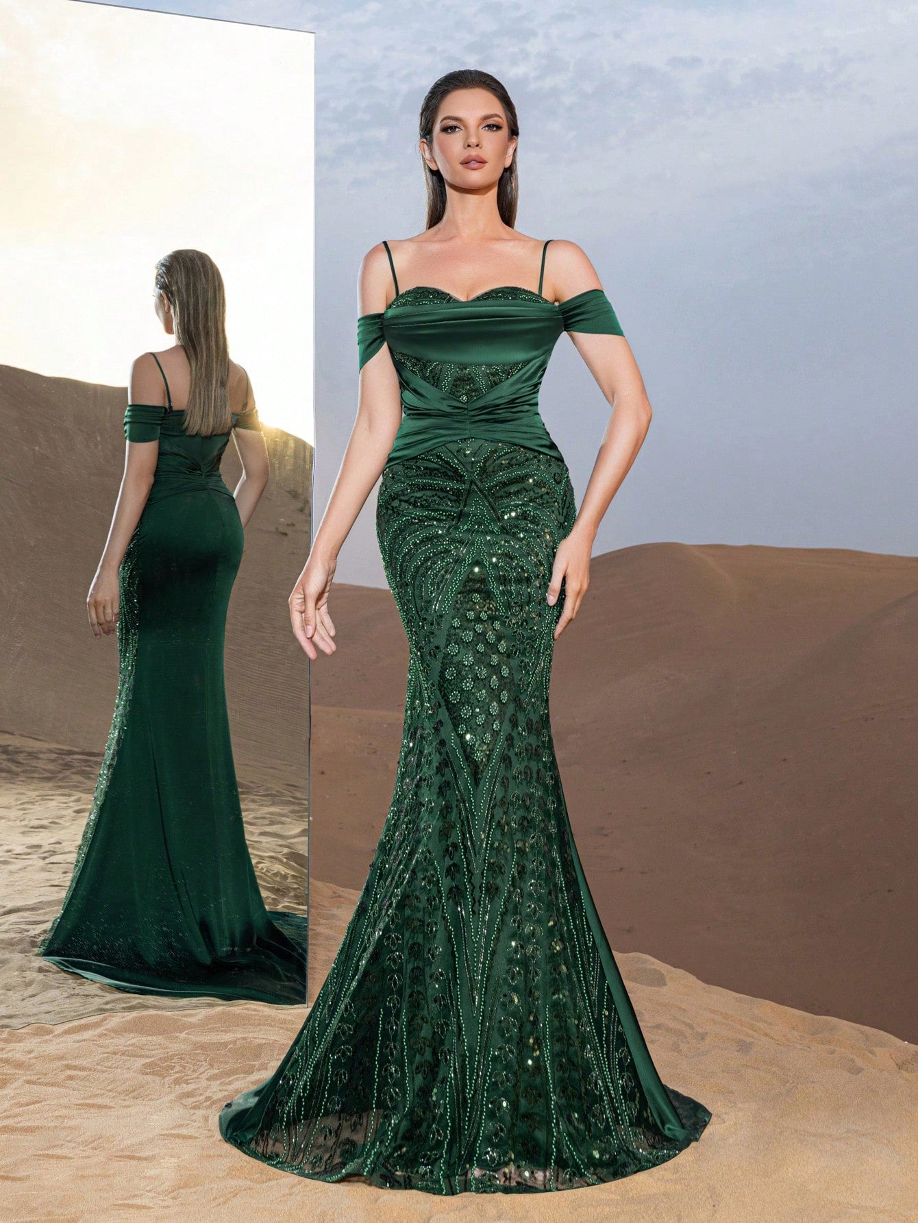 Gorgeous Cold Shoulder Mermaid Hem Graphic Sequin Formal Dresses & Beaded Evening Gowns