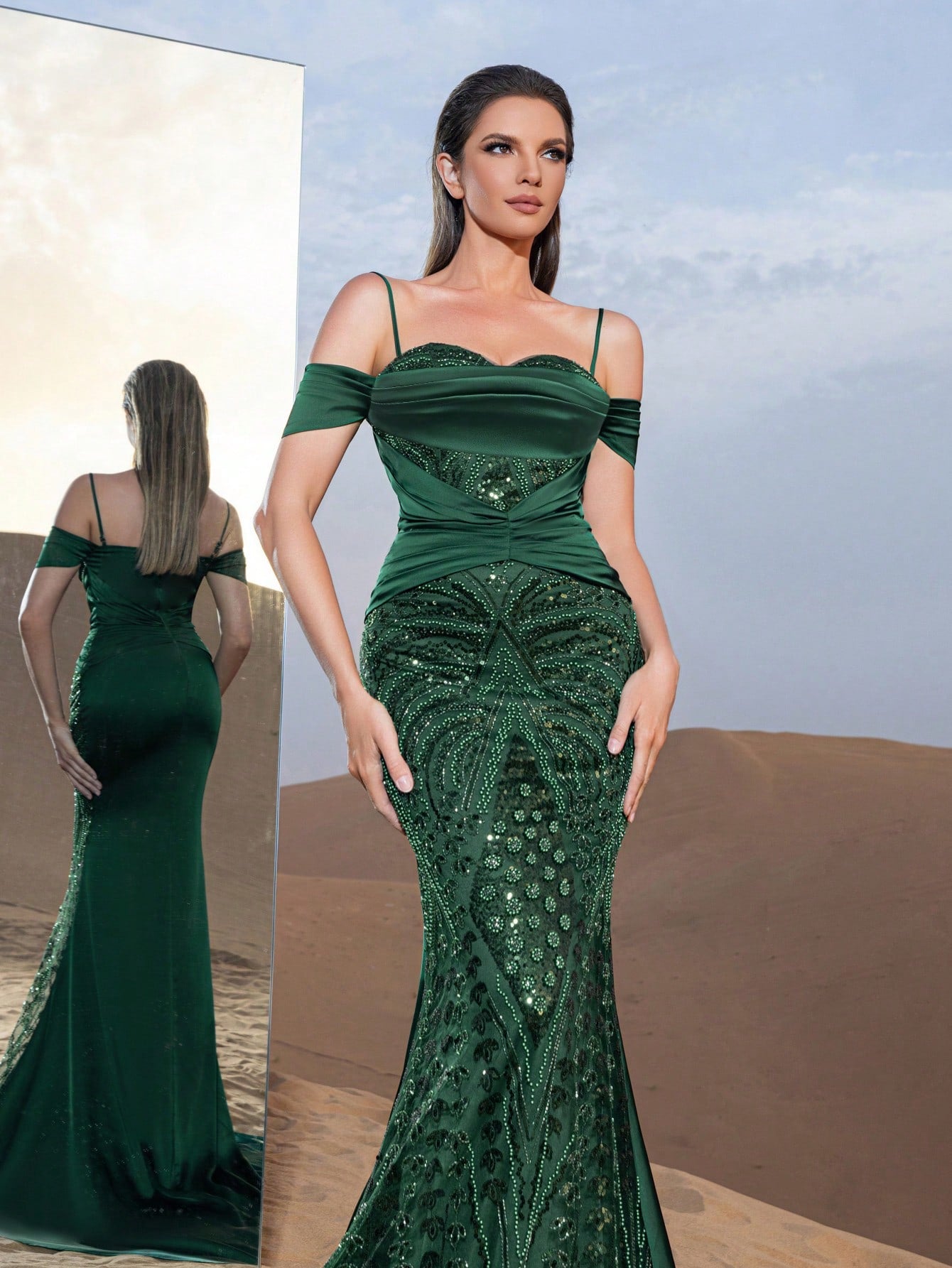 Gorgeous Cold Shoulder Mermaid Hem Graphic Sequin Formal Dresses & Beaded Evening Gowns