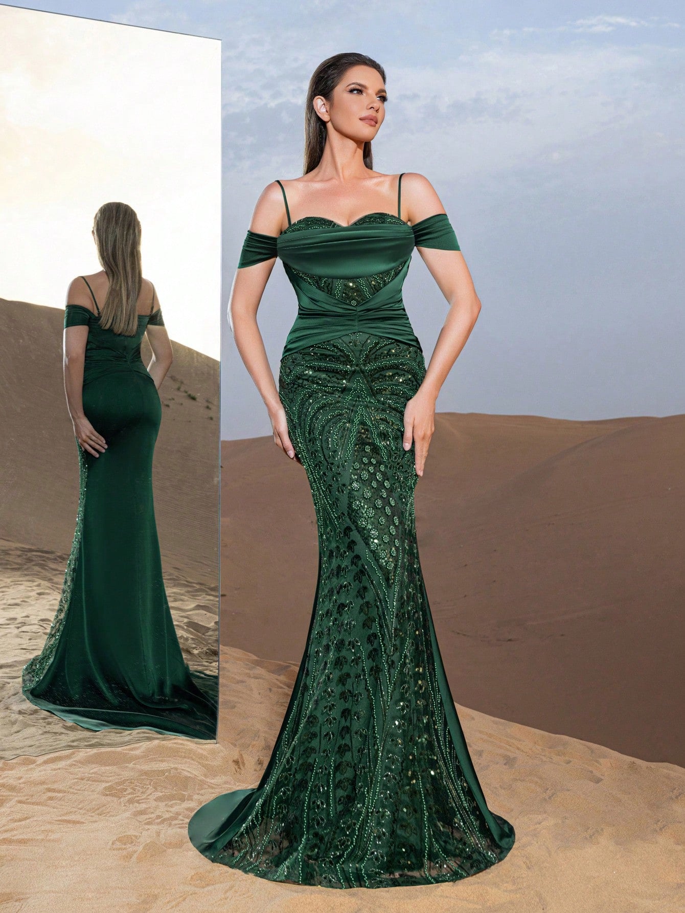 Gorgeous Cold Shoulder Mermaid Hem Graphic Sequin Formal Dresses & Beaded Evening Gowns