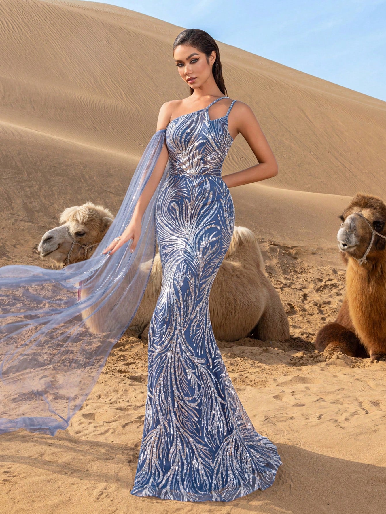 Luxury Asymmetrical Neck Draped Side Split Beaded Formal Party Dresses & Evening Gowns
