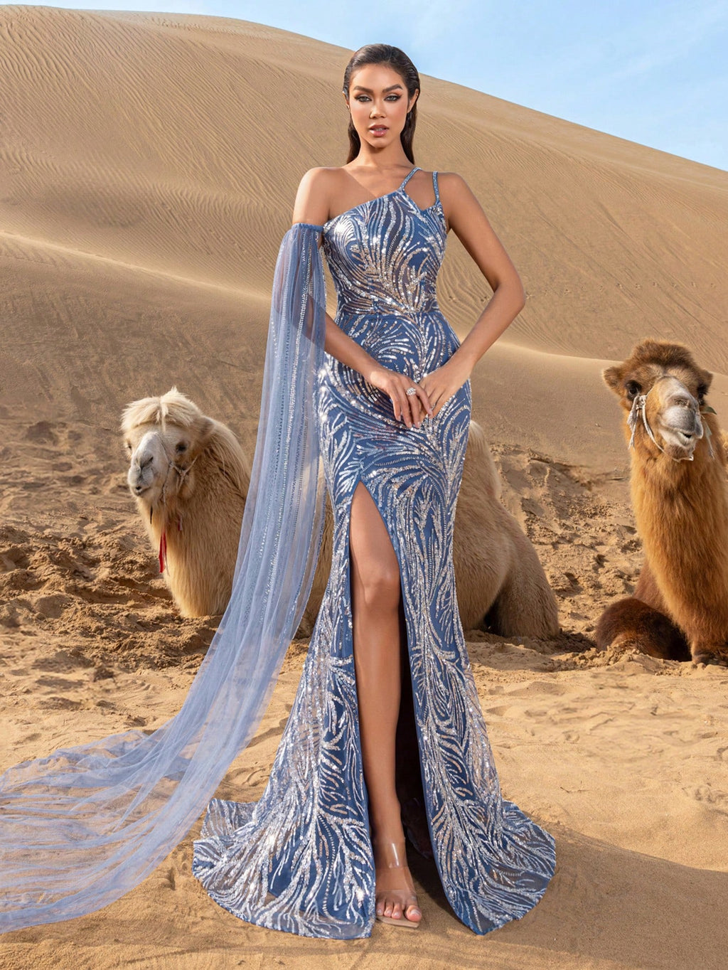 Luxury Asymmetrical Neck Draped Side Split Beaded Formal Party Dresses & Evening Gowns