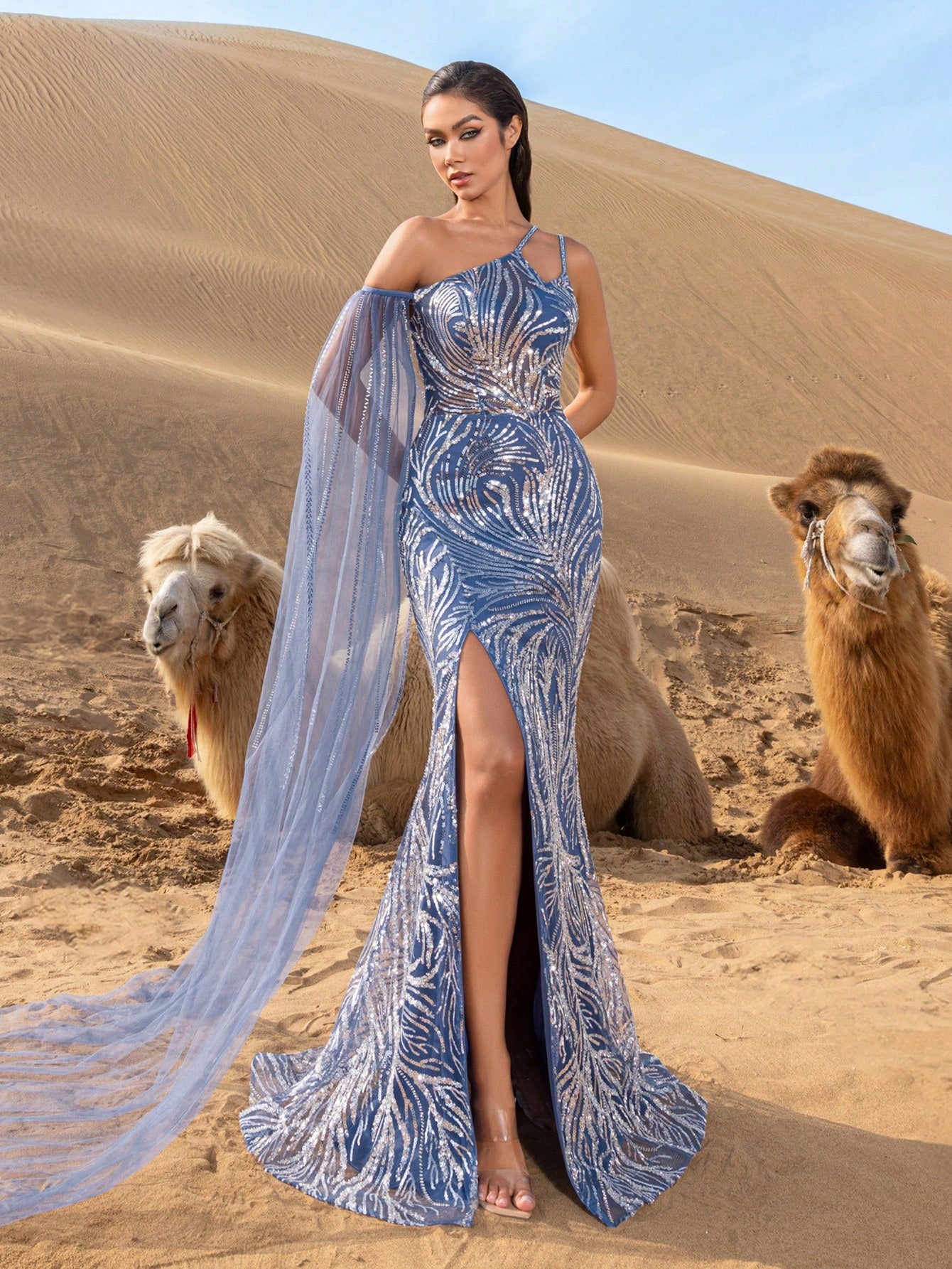Luxury Asymmetrical Neck Draped Side Split Beaded Formal Party Dresses & Evening Gowns