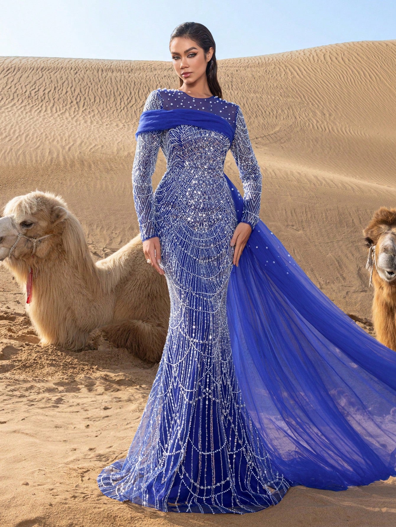 Luxury Tulle Overlay Mermaid Hem Beaded Detail Formal Evening Dress