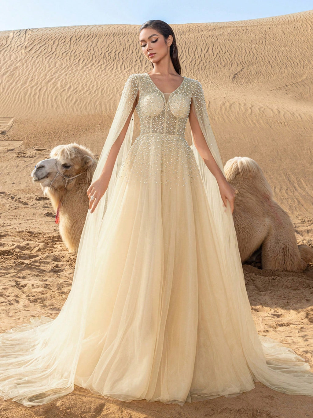 Gorgeous Rhinestone Detail Pearl Embellished Plunging Neck Extra-Long Sleeves Tulle Formal Dress