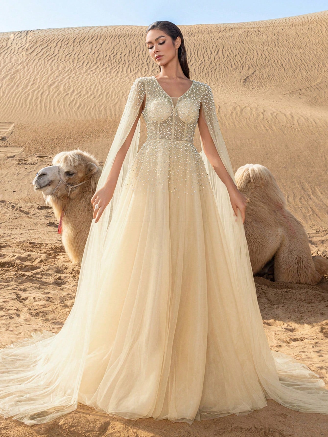 Gorgeous Rhinestone Detail Pearl Embellished Plunging Neck Extra-Long Sleeves Tulle Formal Dress
