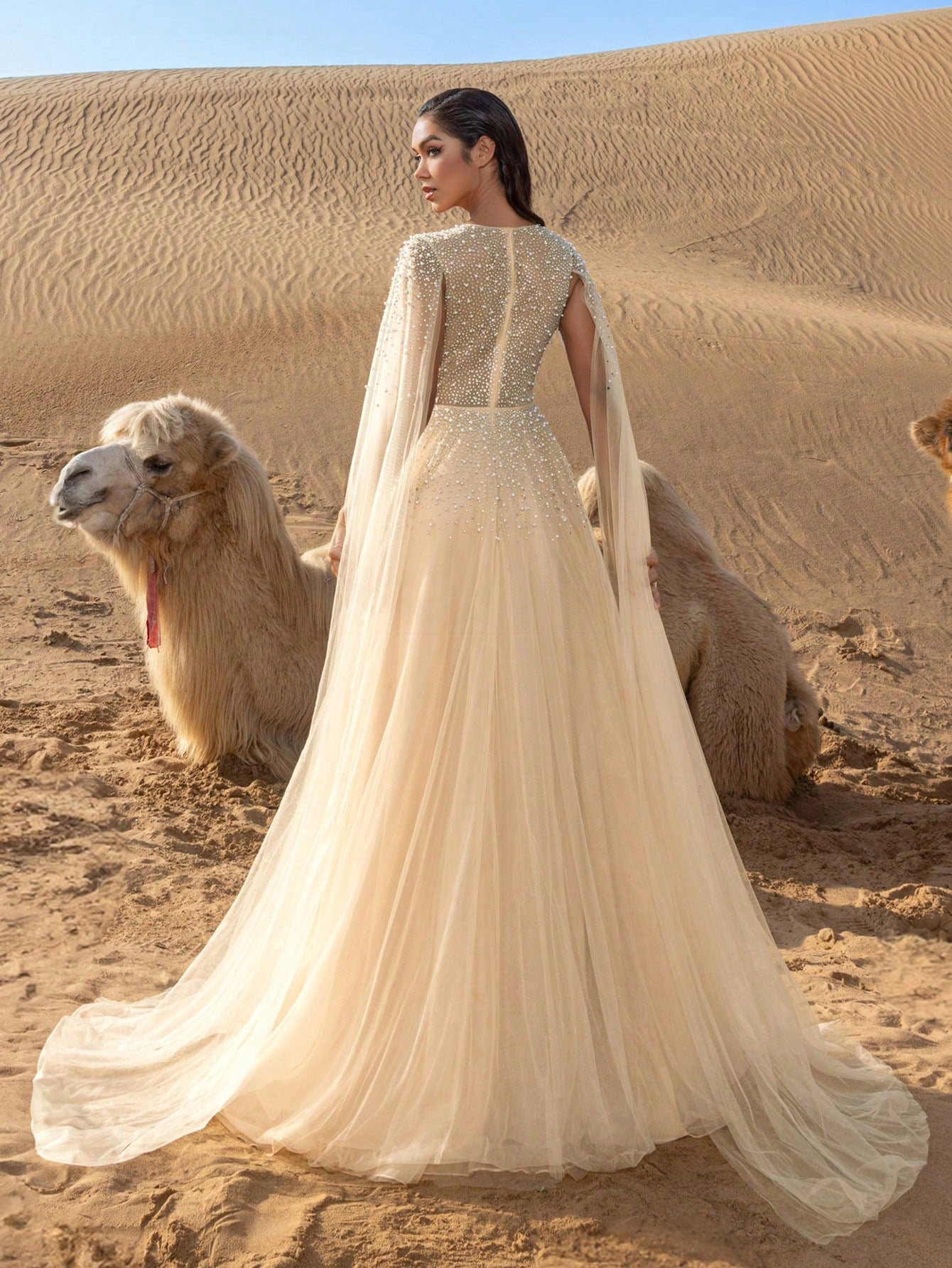 Gorgeous Rhinestone Detail Pearl Embellished Plunging Neck Extra-Long Sleeves Tulle Formal Dress