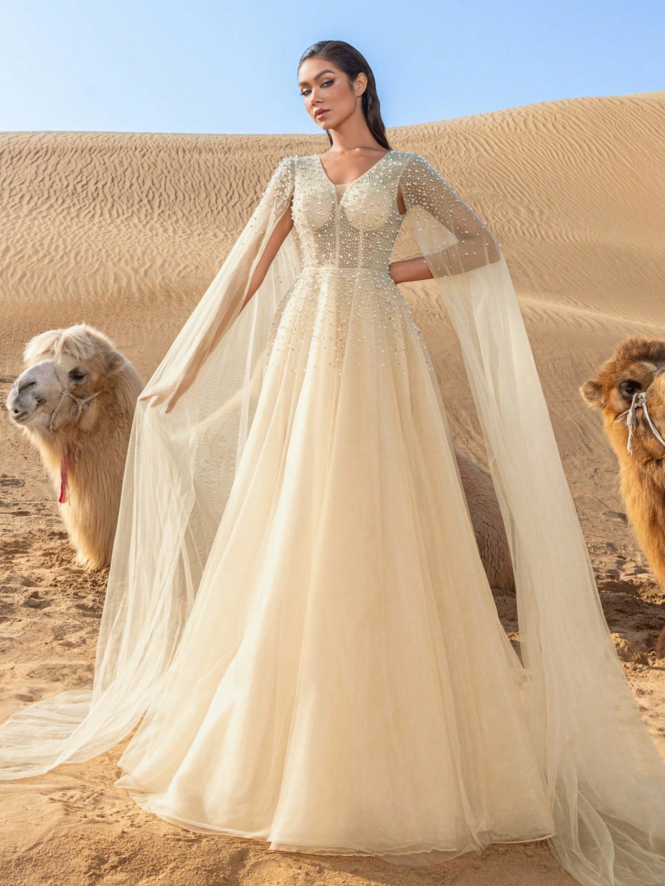Gorgeous Rhinestone Detail Pearl Embellished Plunging Neck Extra-Long Sleeves Tulle Formal Dress