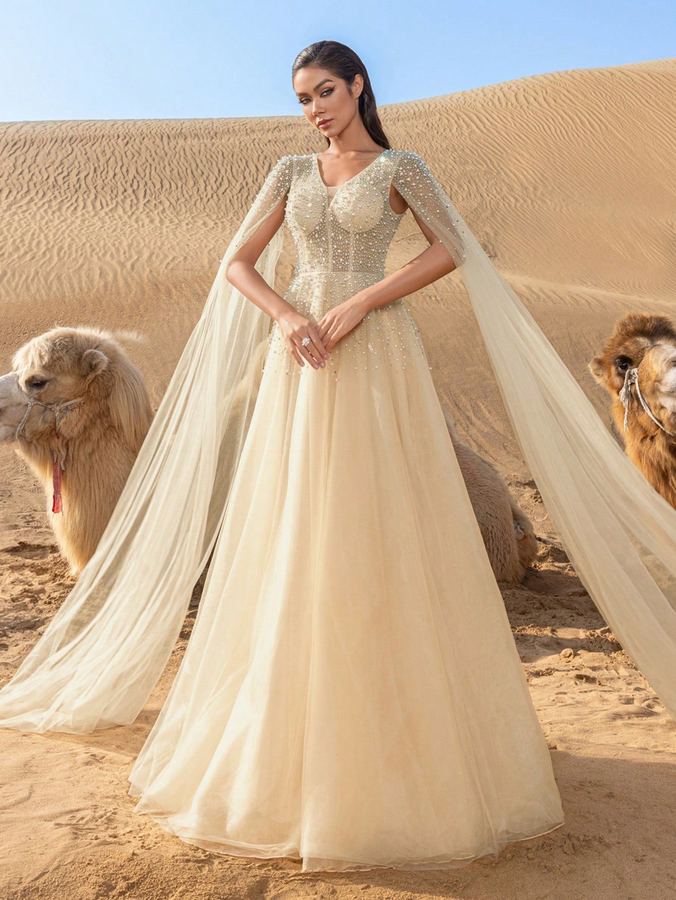 Gorgeous Rhinestone Detail Pearl Embellished Plunging Neck Extra-Long Sleeves Tulle Formal Dress
