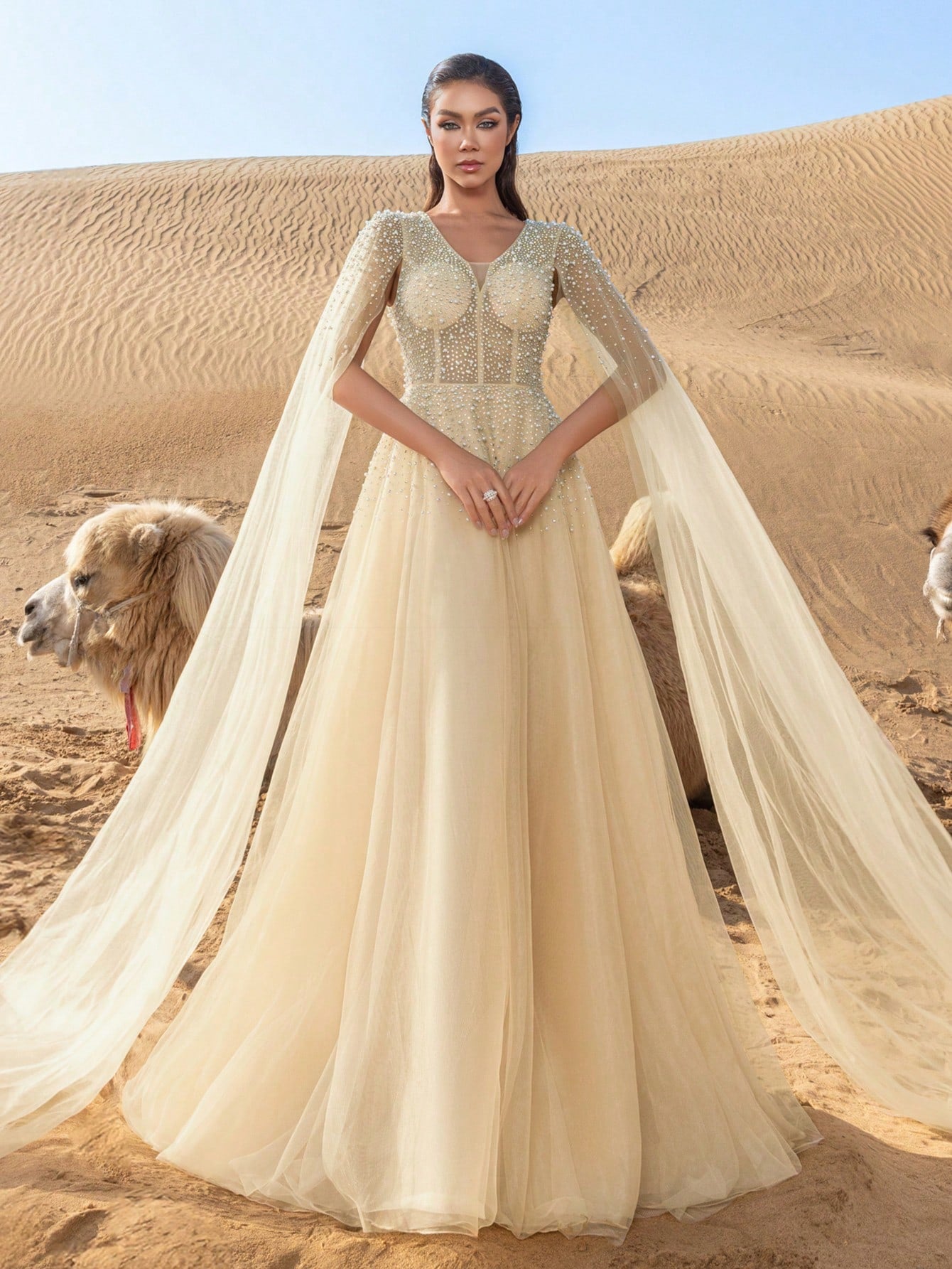 Gorgeous Rhinestone Detail Pearl Embellished Plunging Neck Extra-Long Sleeves Tulle Formal Dress