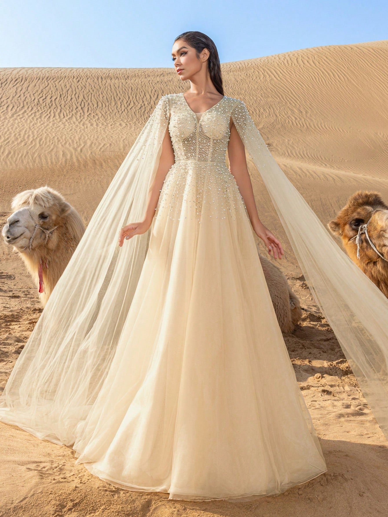 Gorgeous Rhinestone Detail Pearl Embellished Plunging Neck Extra-Long Sleeves Tulle Formal Dress