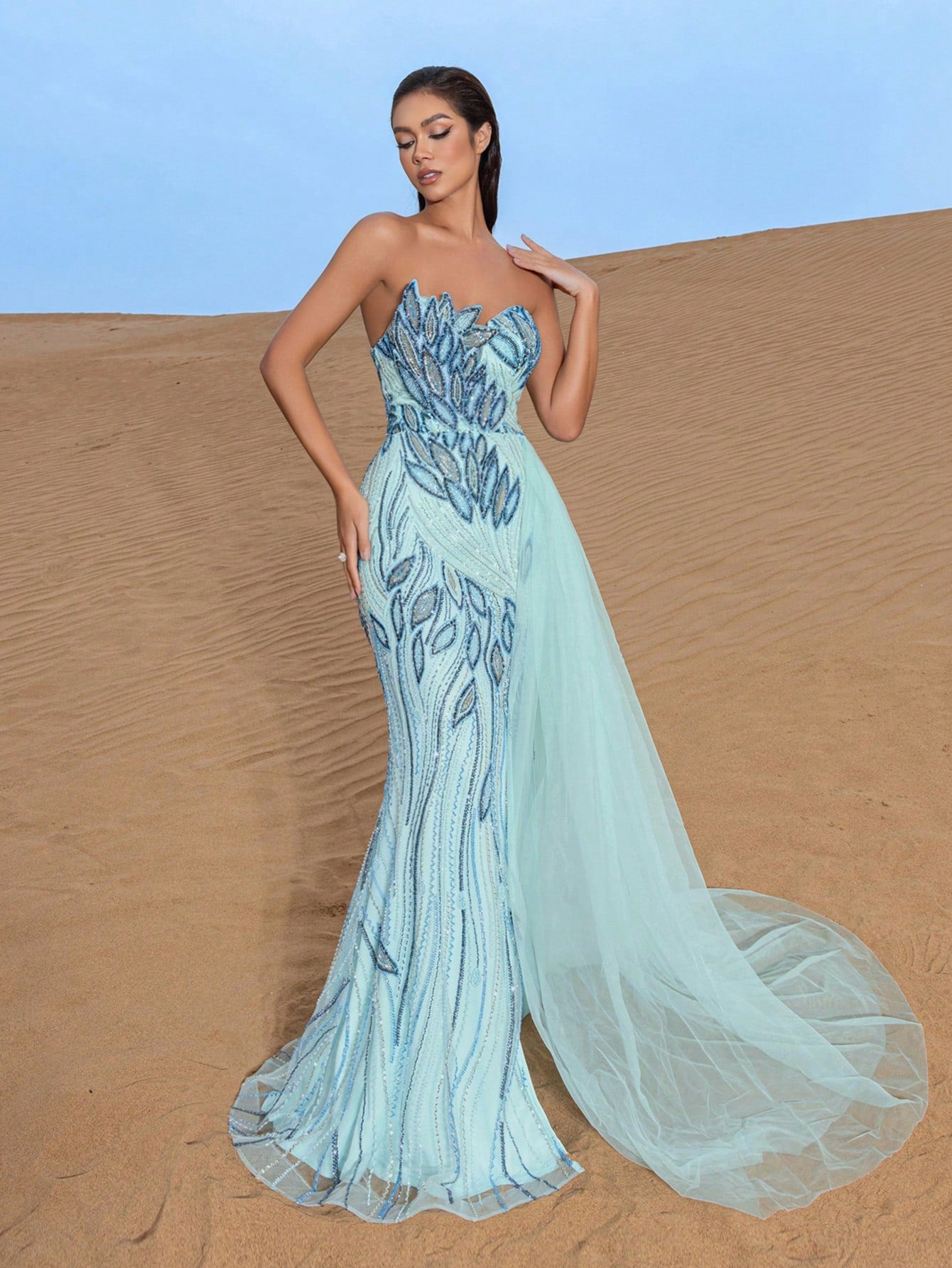 Elegant Strapless Embroidered Gown with High Slit & Fitted Bodice - Perfect for Red Carpet Events, Gala Dinners, Weddings, and Luxury Cruises