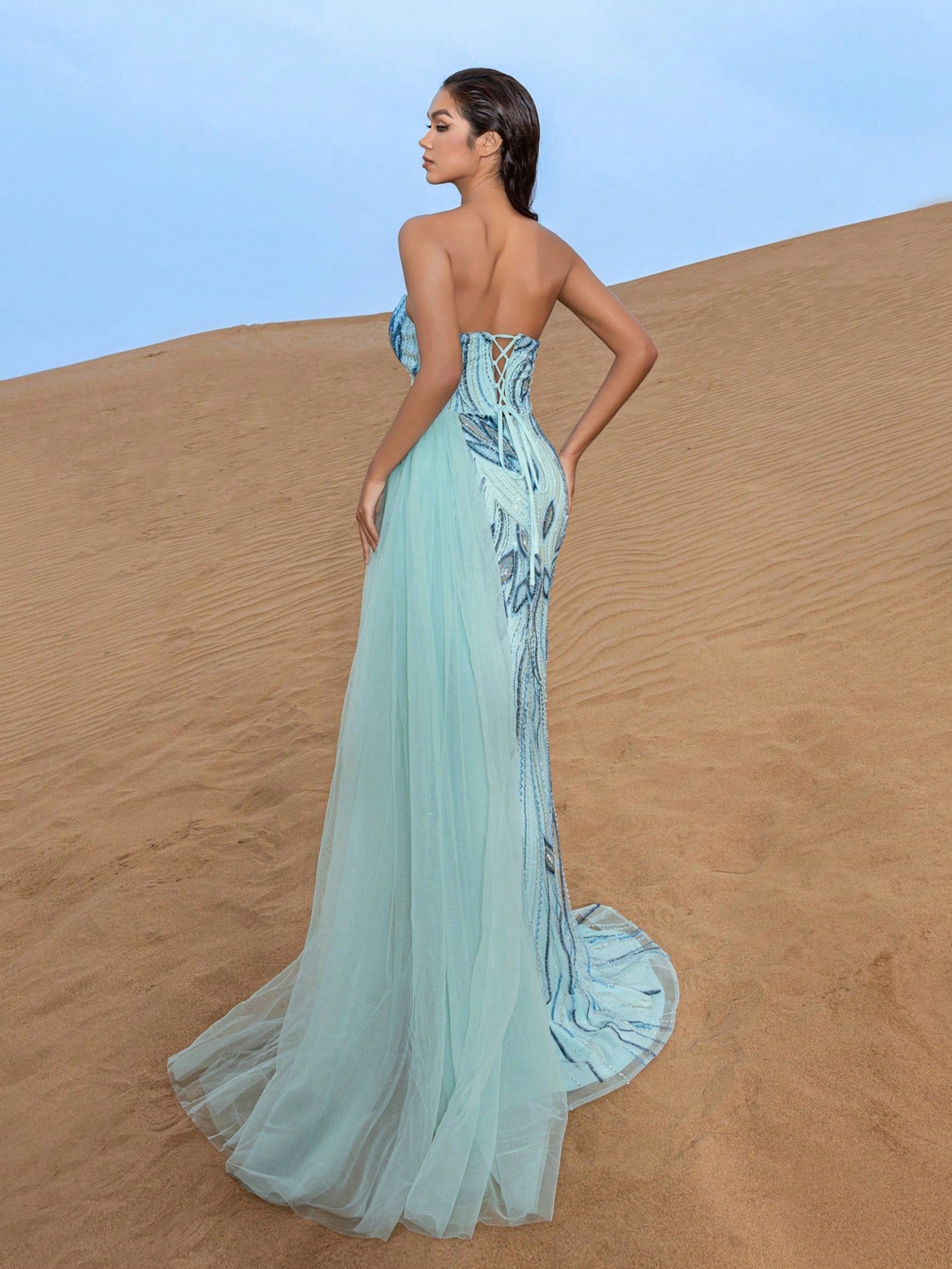 Elegant Strapless Embroidered Gown with High Slit & Fitted Bodice - Perfect for Red Carpet Events, Gala Dinners, Weddings, and Luxury Cruises