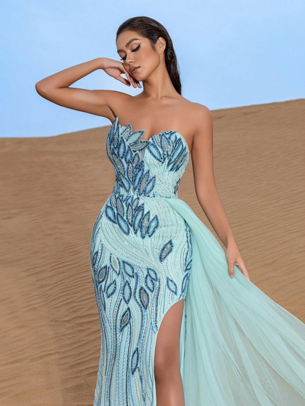 Elegant Strapless Embroidered Gown with High Slit & Fitted Bodice - Perfect for Red Carpet Events, Gala Dinners, Weddings, and Luxury Cruises