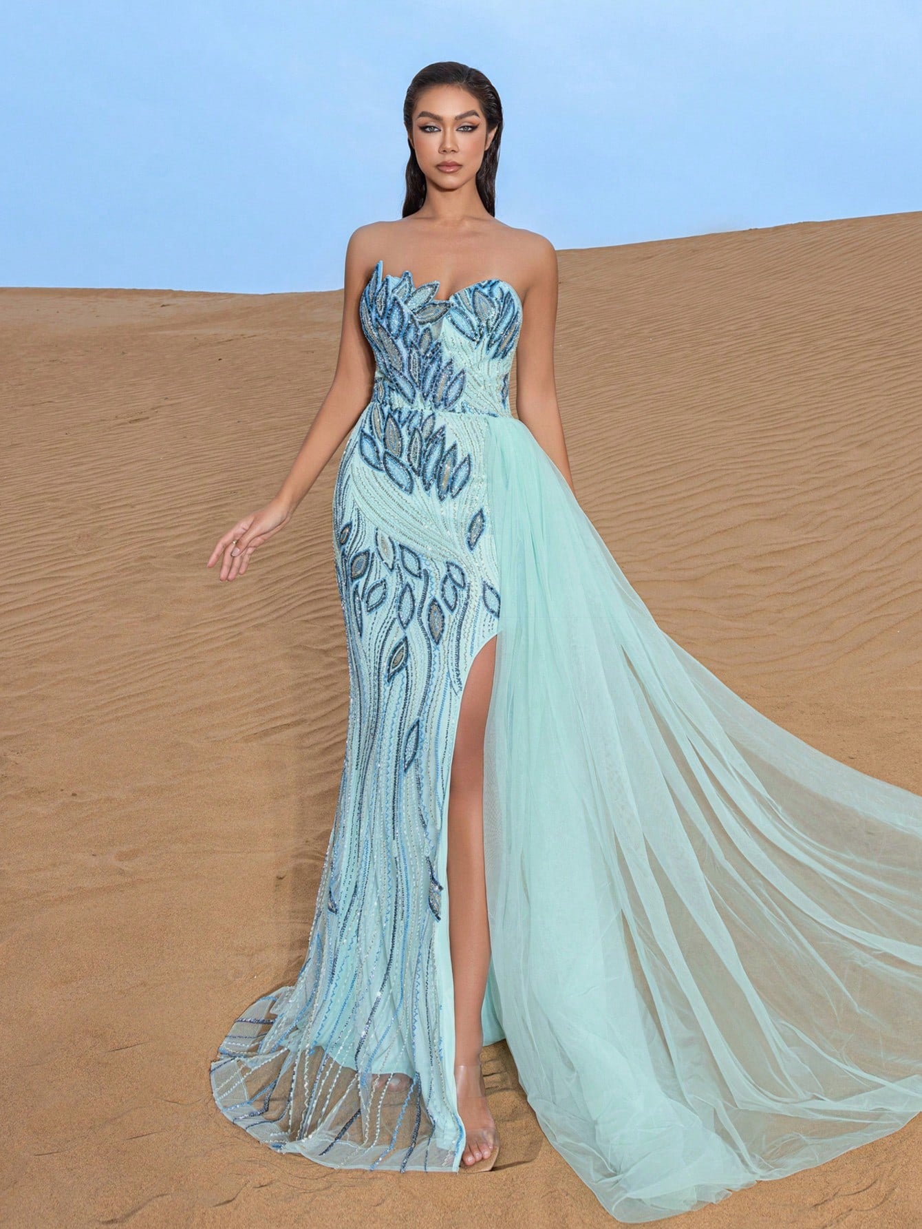 Elegant Strapless Embroidered Gown with High Slit & Fitted Bodice - Perfect for Red Carpet Events, Gala Dinners, Weddings, and Luxury Cruises