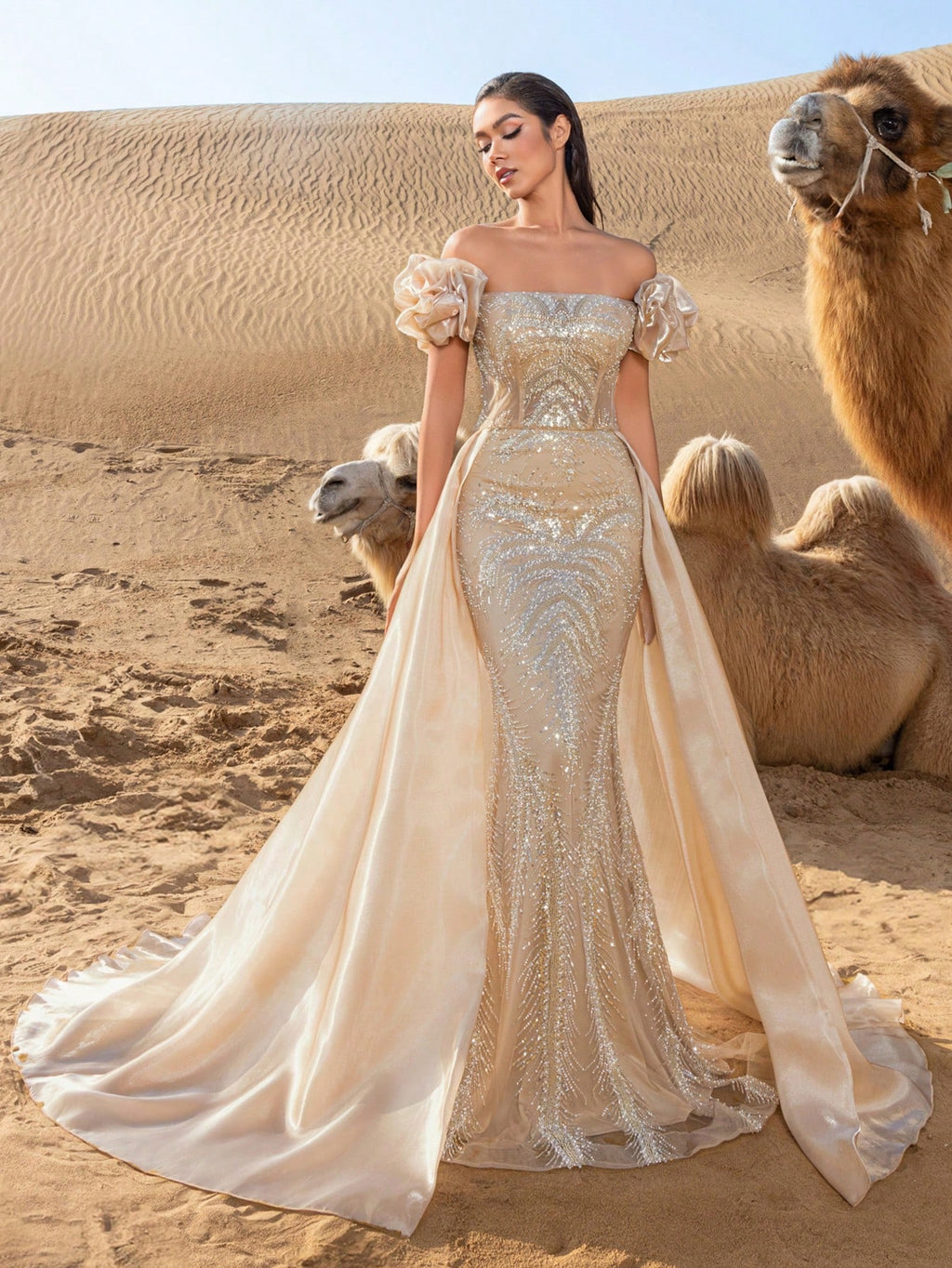 Gorgeous Off Shoulder Lace-up Back Satin Train Beaded Formal Dresses & Evening Gowns