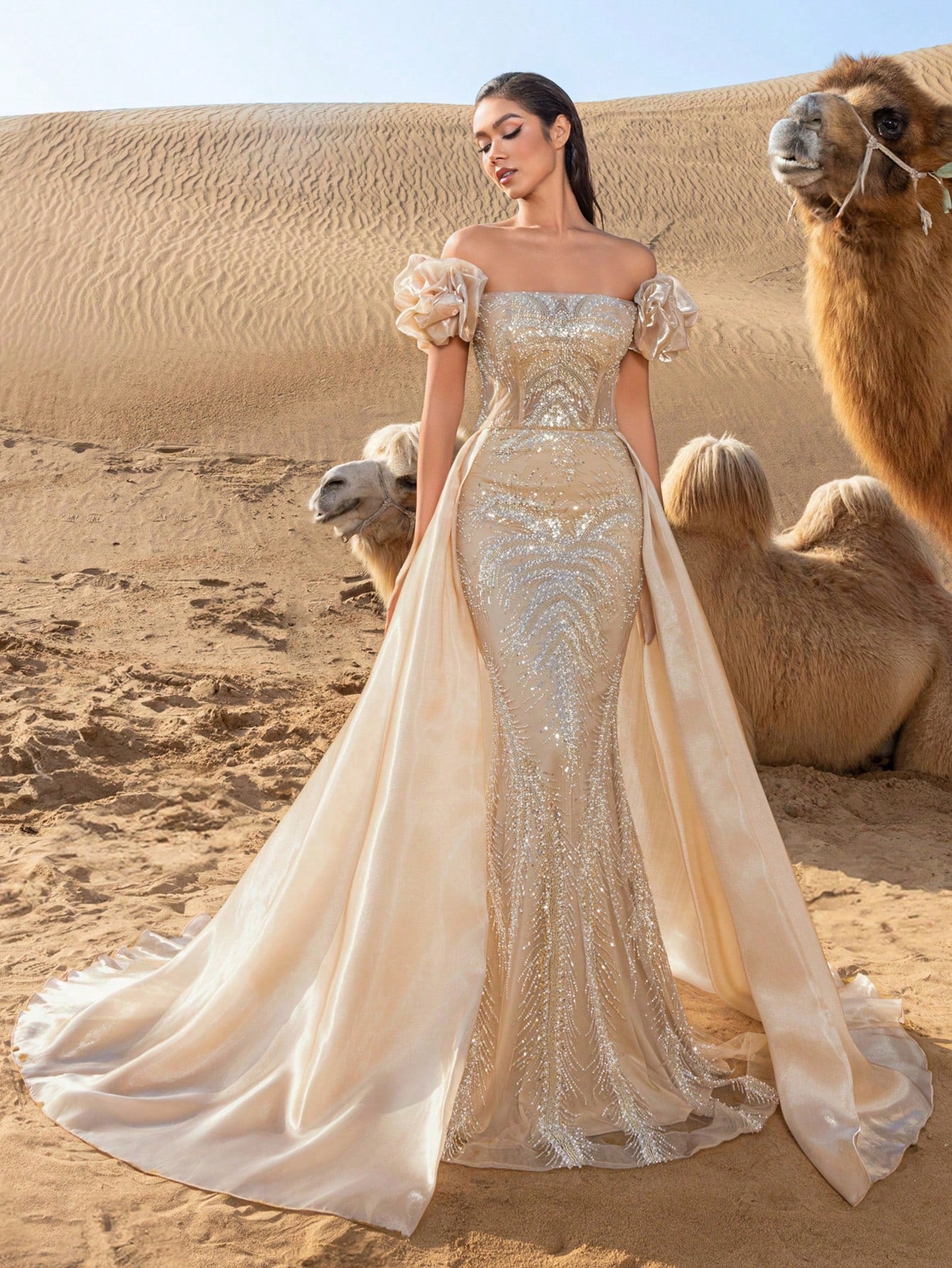 Gorgeous Off Shoulder Lace-up Back Satin Train Beaded Formal Dresses & Evening Gowns