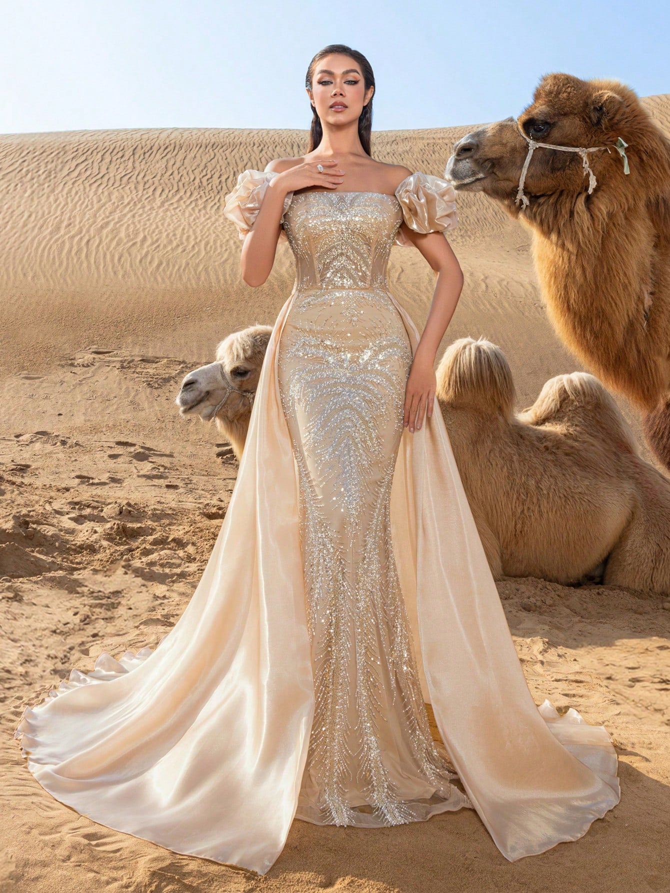 Gorgeous Off Shoulder Lace-up Back Satin Train Beaded Formal Dresses & Evening Gowns